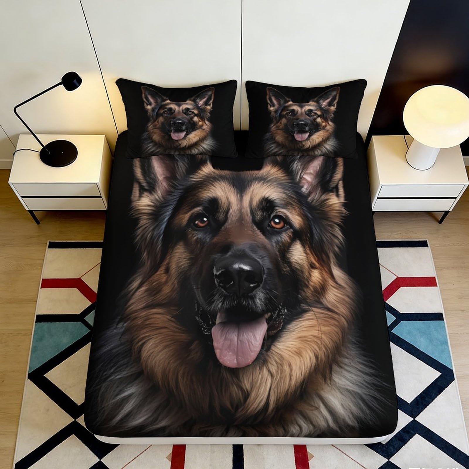 3D Printed German Shepherd Fitted Sheet Microfiber Soft Durable Dog Pattern Bed Cover for Bedroom Dormitory Guest Room Mattress Protection 180x200x25cm