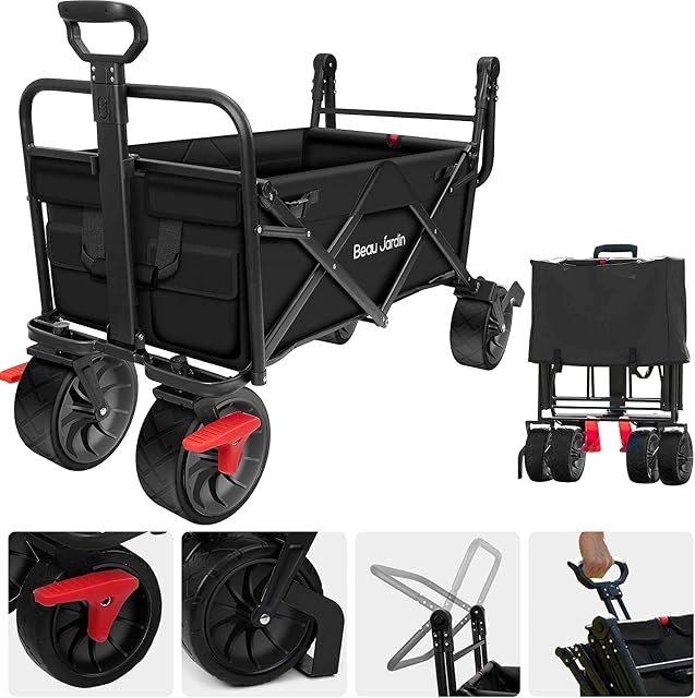 BEAU JARDIN 80KG Capacity Folding Camping Cart Outdoor Push Wagon Trolley with Brake Trailer Transport Free Standing Collapsible Utility Grocery Canvas Fabric Rolling Buggies Garden Sport Wagons Black