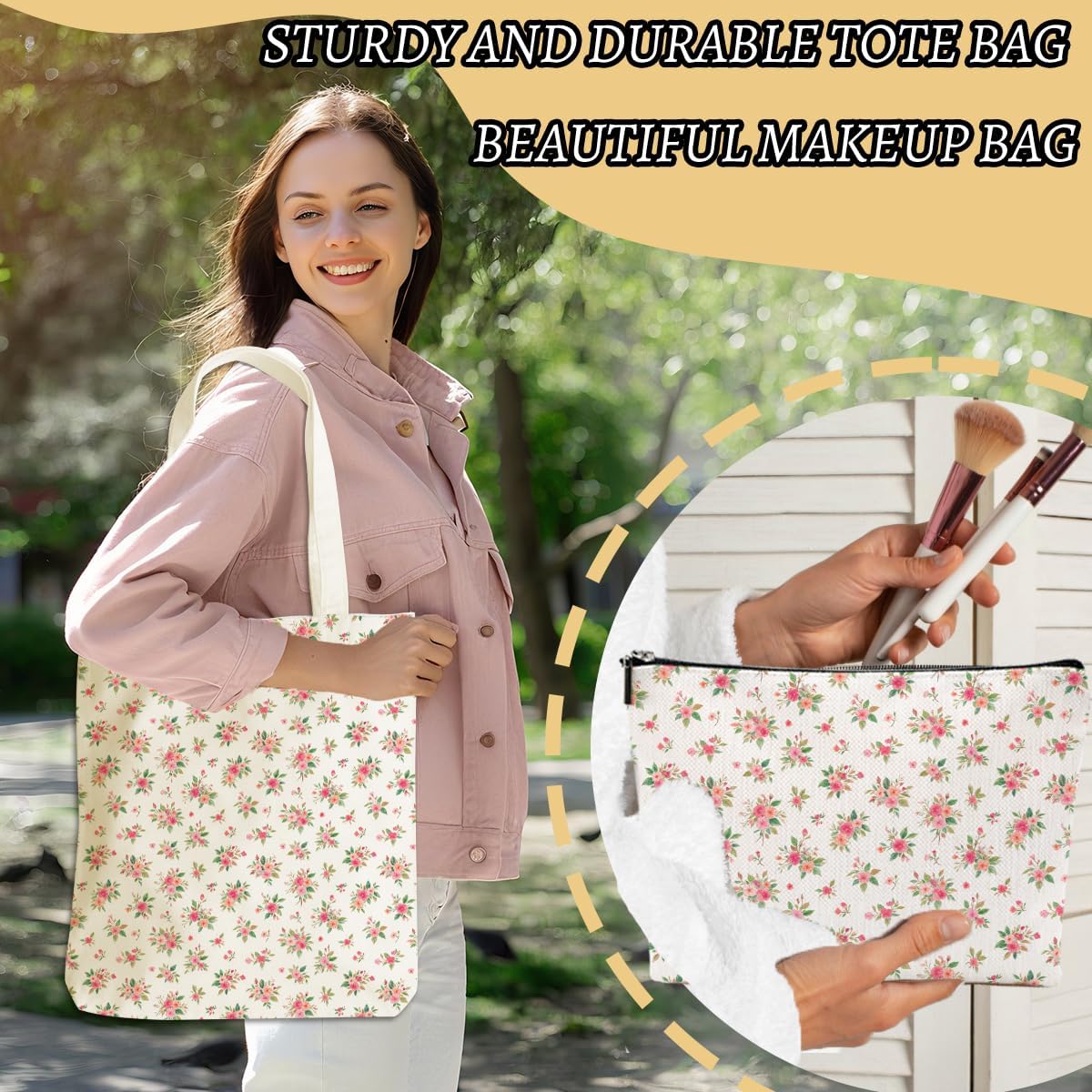 Aesthetic Flower Canvas Tote Bag Makeup Bag, Cosmetic Bags for Women Girls Sister Friend Plant Lovers Birthday Christmas Retirement Wedding Reusable Grocery Bags with Inner Pocket for Shopping - Image 5