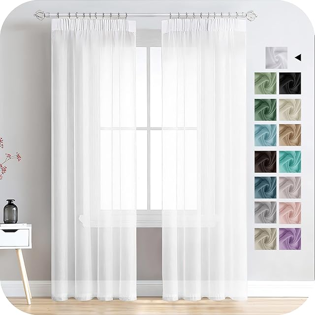 MRTREES Faux Linen White Voile Curtains for Living Room Bedroom 88 Drop 2 Panels Door Sheer Curtains Pencil Pleat Curtain for Patio Door 55x88 Drop 140cm x 225cm