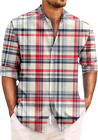 Mens Striped Long Sleeve Shirts Lightweight Aztec Western Graphic Button Down Banded Collar Shirts Fall Casual Work Tops