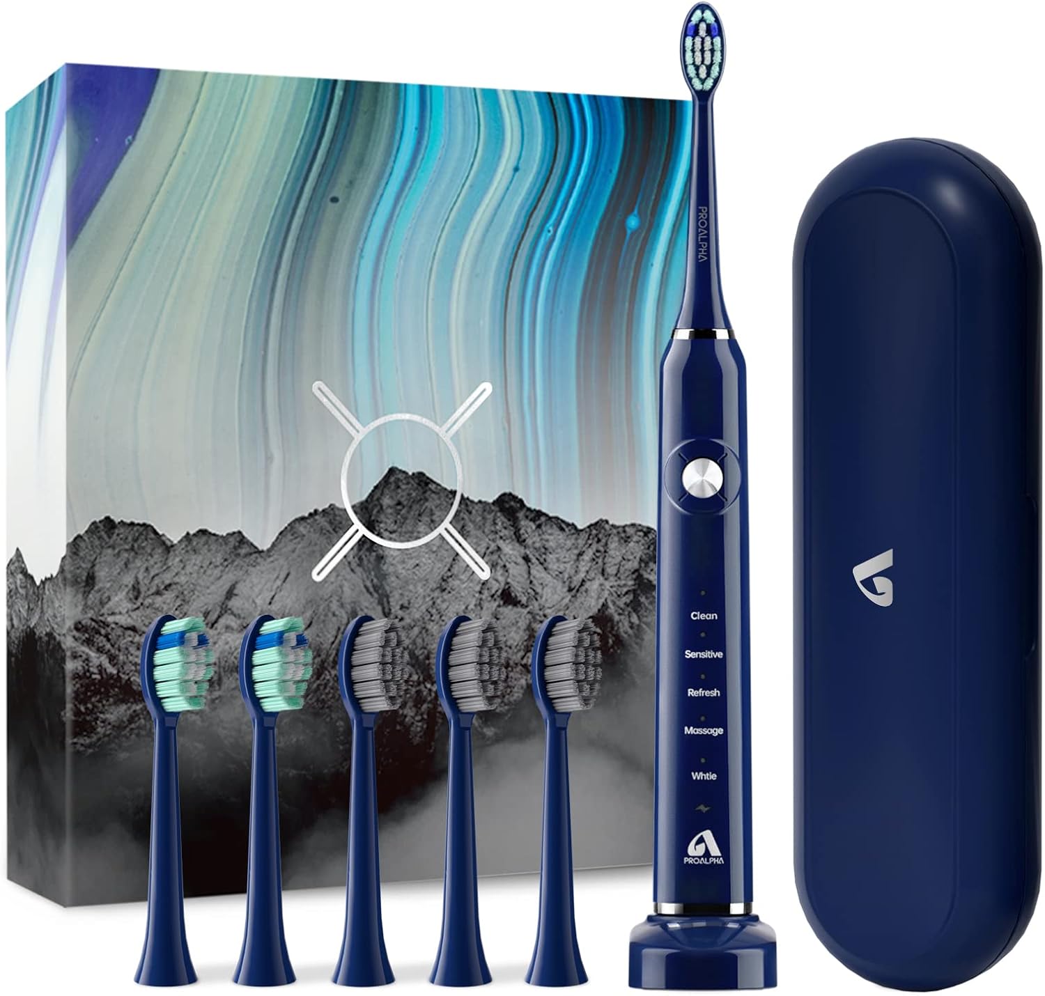 Cepillos de Dientes Electricos Sónico, Cepillo de Dientes Eléctrico Adultos Recargable con 6 Cabezales y Estuche Viaje, 5 Modos, Carga Inalámbrica y Utilizar 60 Días, Cepillo Electrico Viaje, Azul