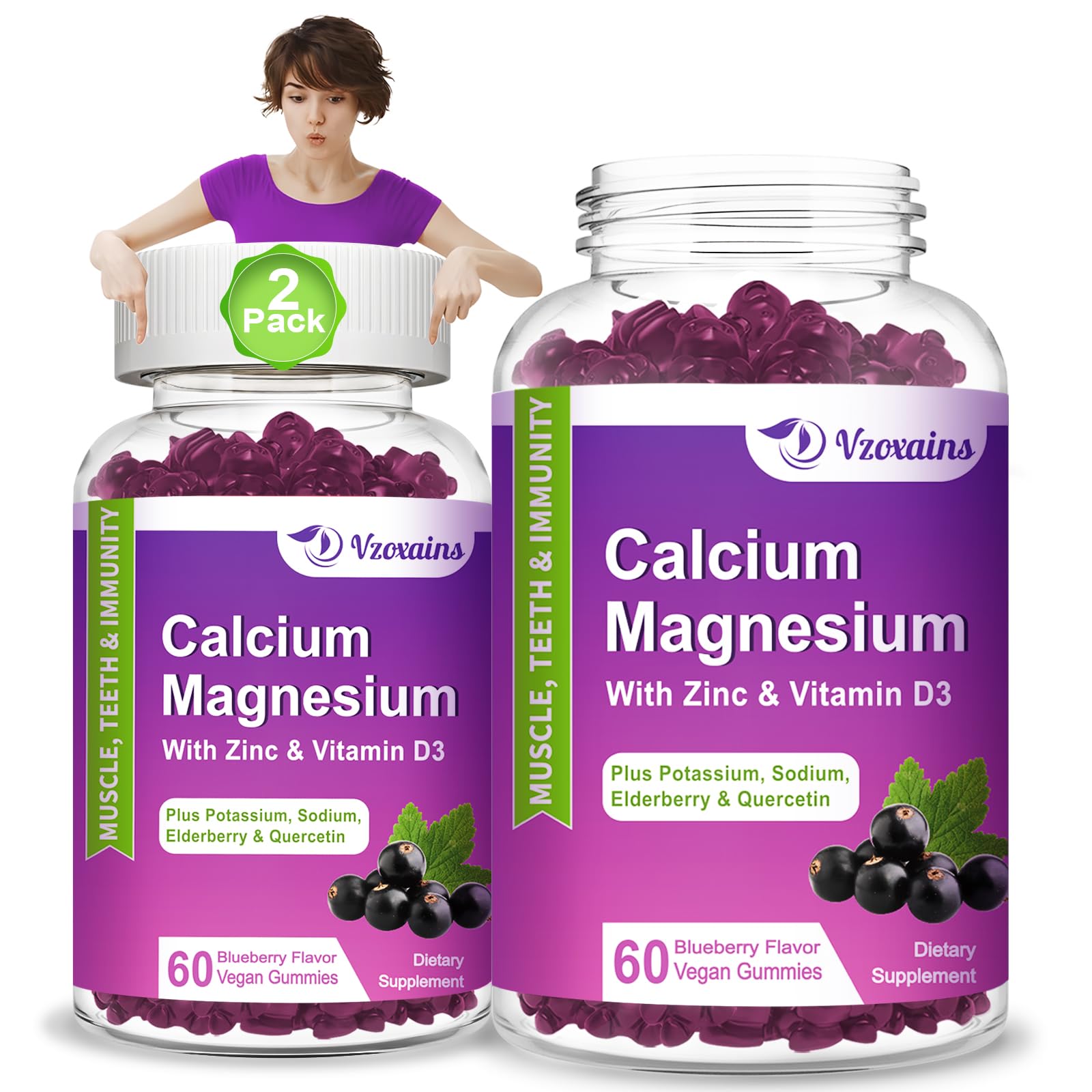 High Absorption Calcium Gummies, Calcium Magnesium Zinc with Magnesium Glycinate, Potassium, Vitamin D3 for Women & Men- Blueberry Flavor 120 Cts