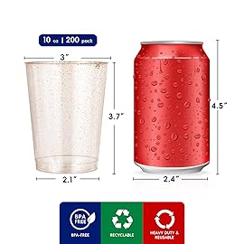 JOLLY CHEF 200 Pack 10 oz Gold Plastic Cups, Disposable Gold Glitter Plastic Cups, Clear Tumblers for Weddings Thanksgiving, Christmas Parties