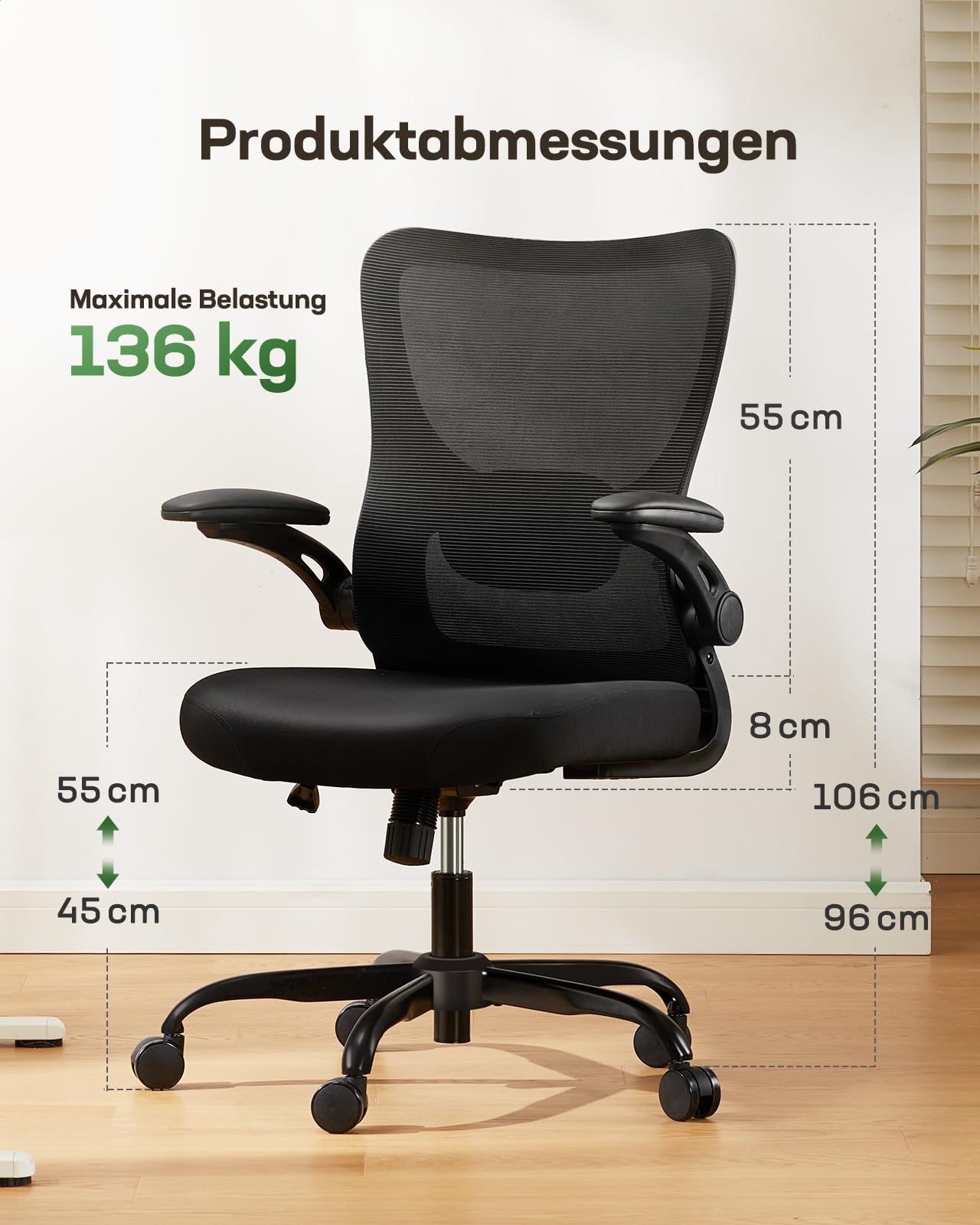 Marsail Bürostuhl Ergonomisch, Schreibtischstuhl mit 3D PU Armlehnen und Verstellbarer Lendenwirbelstütze, Drehstuhl Höhenverstellung und Wippfunktion, Chefsessel aus Mesh, Bis 136kg/300LBS