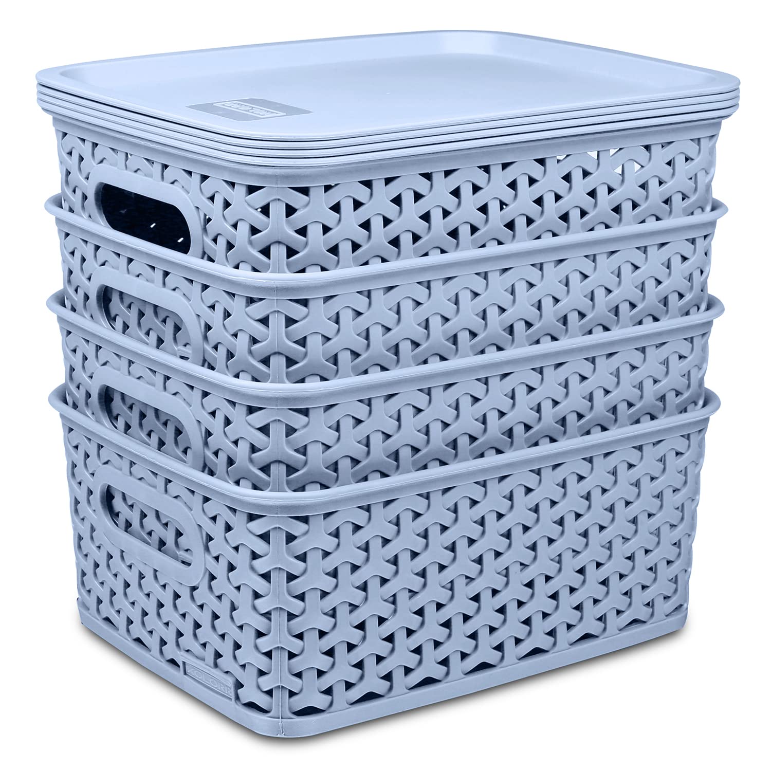 KOLORR Premium Elite Small Size Plastic Multipurpose Rectangular Storage Baskets With Lids Pack Of 4, Organiser Basket For Home/Kitchen/Wardrobe/Toys/Stationary - Daiso Grey