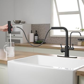 Black Kitchen Faucets with Water Filter and Pull Down Sprayer,Waterfall Kitchen Sink Faucet,Two Handle Sink Faucet with Pull Down Sprayer for 3 Function,Faucets Without Water Filtration Device