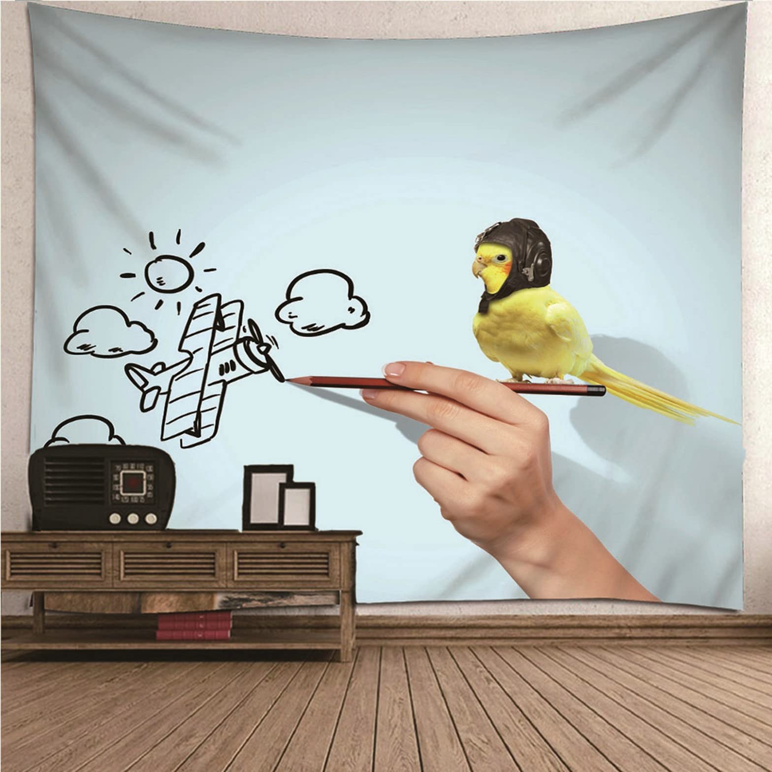 Chenlane Wandteppiche Kinder Tapisserie Schlafzimmer Malerei Und Vögel Wandteppich Vorhänge Wand Teppiche Kuche Wandbehang Dekoration Weiß Gelb 300x250cm
