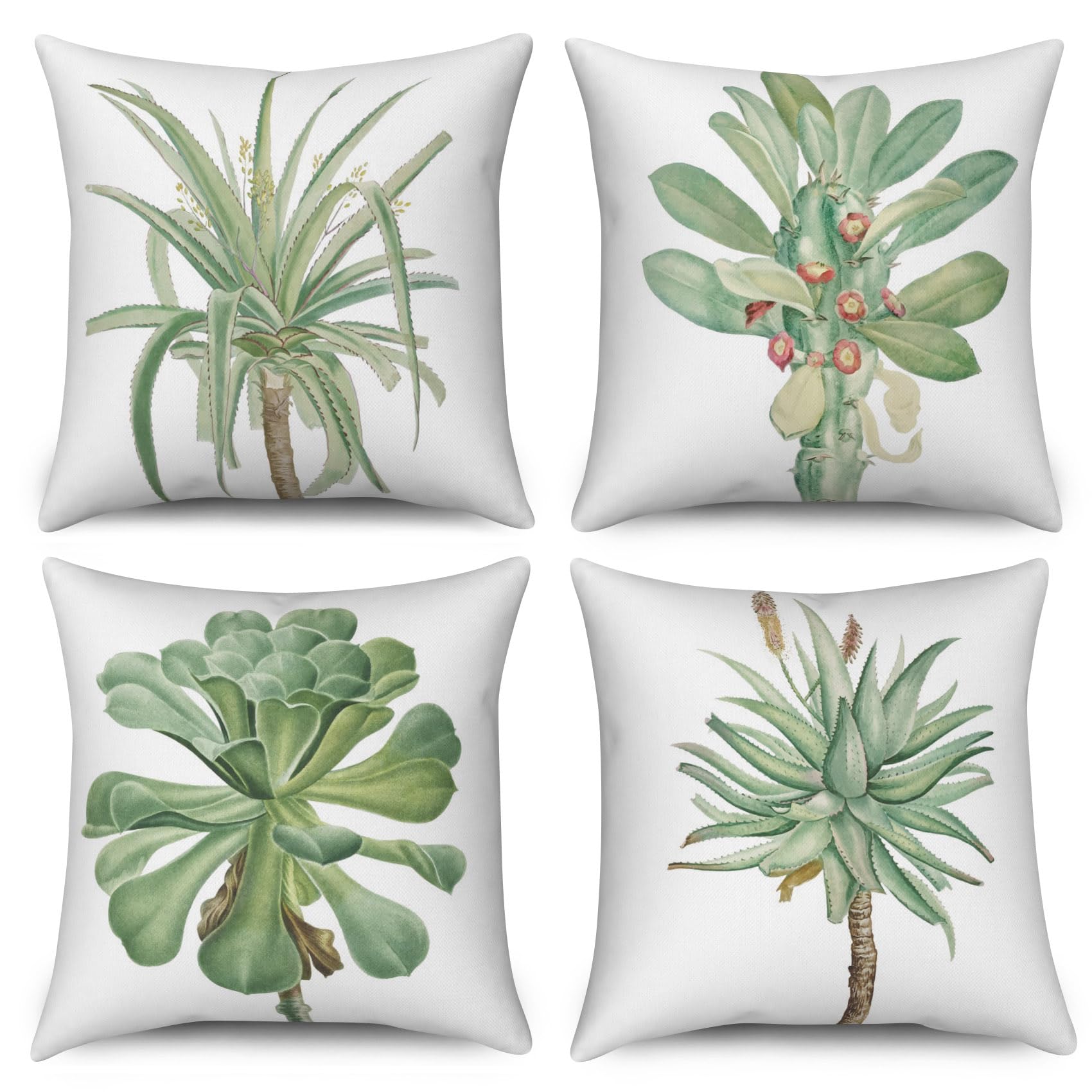 ASDCXZ Leaves Pillow Cover 50x50 cm 4er Set, Modern Simplicity Spring Green Leaves White Sofa Deco Pillow Covers Pillow Cover Washable Polyester Textile Outdoor Pillow Cover Pillow Cover