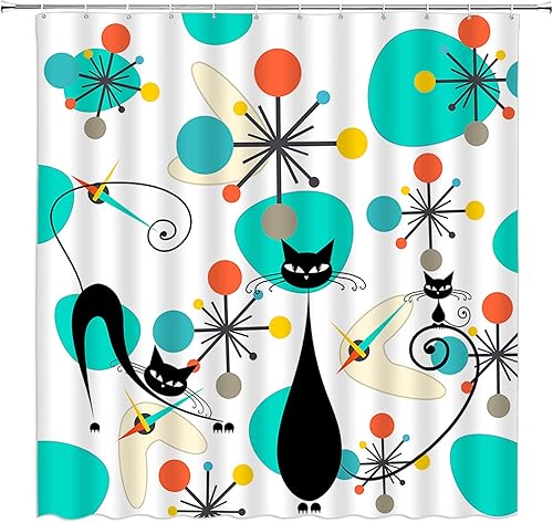Cortina de ducha de gato negro de mediados de siglo, moderna, atómica, abstracta, geométrica, patrón icónico, retro, gatito negro, de los años 50,