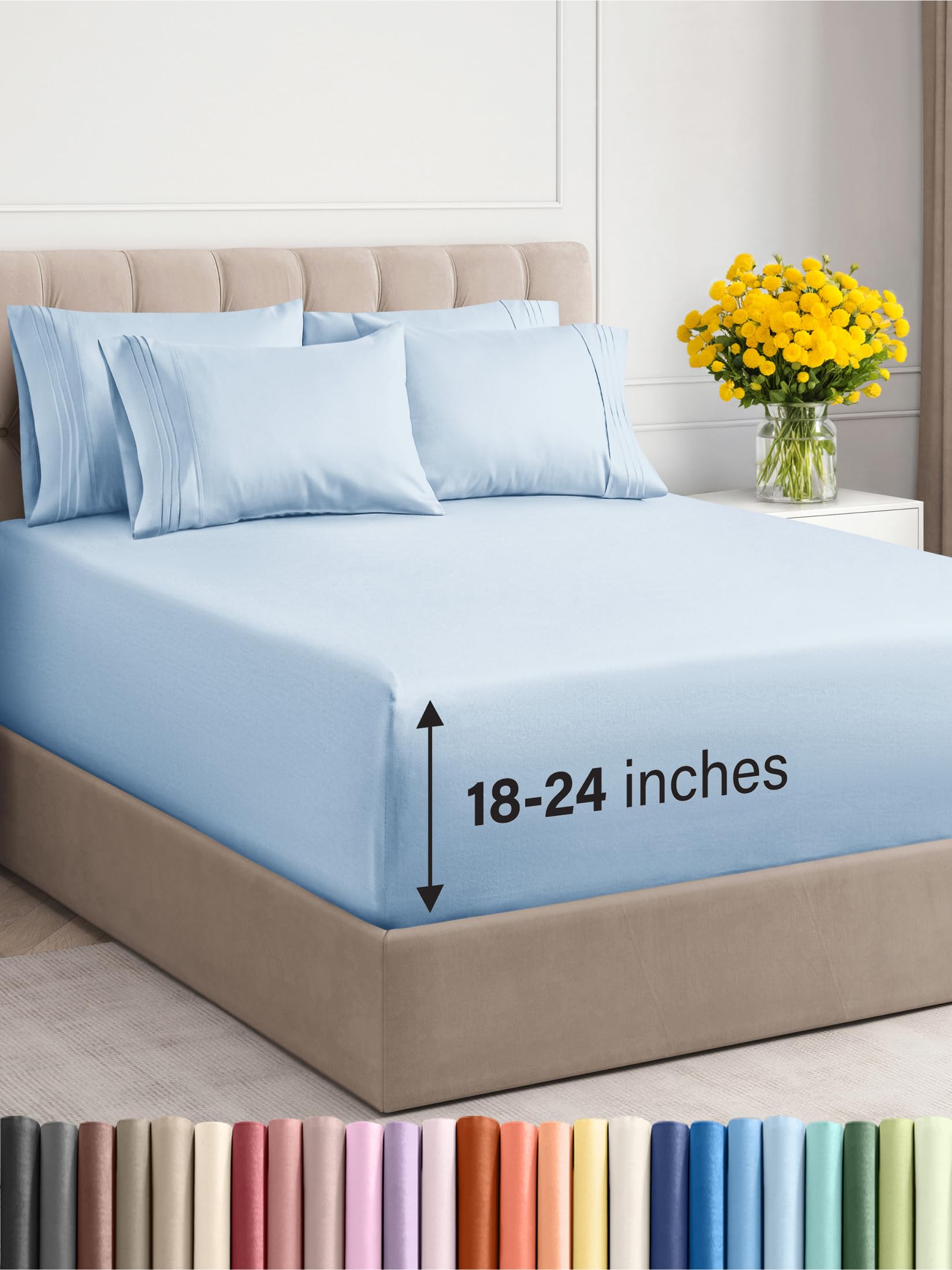 Extra Deep King Sheet Set - 6 Piece Breathable & Cooling Sheets - Hotel Luxury Bedding Set w/18-24 Inch Extra Deep Pockets - Easy & Secure Fit - Super Soft, Wrinkle Free & Comfy - Sky Blue, King Size