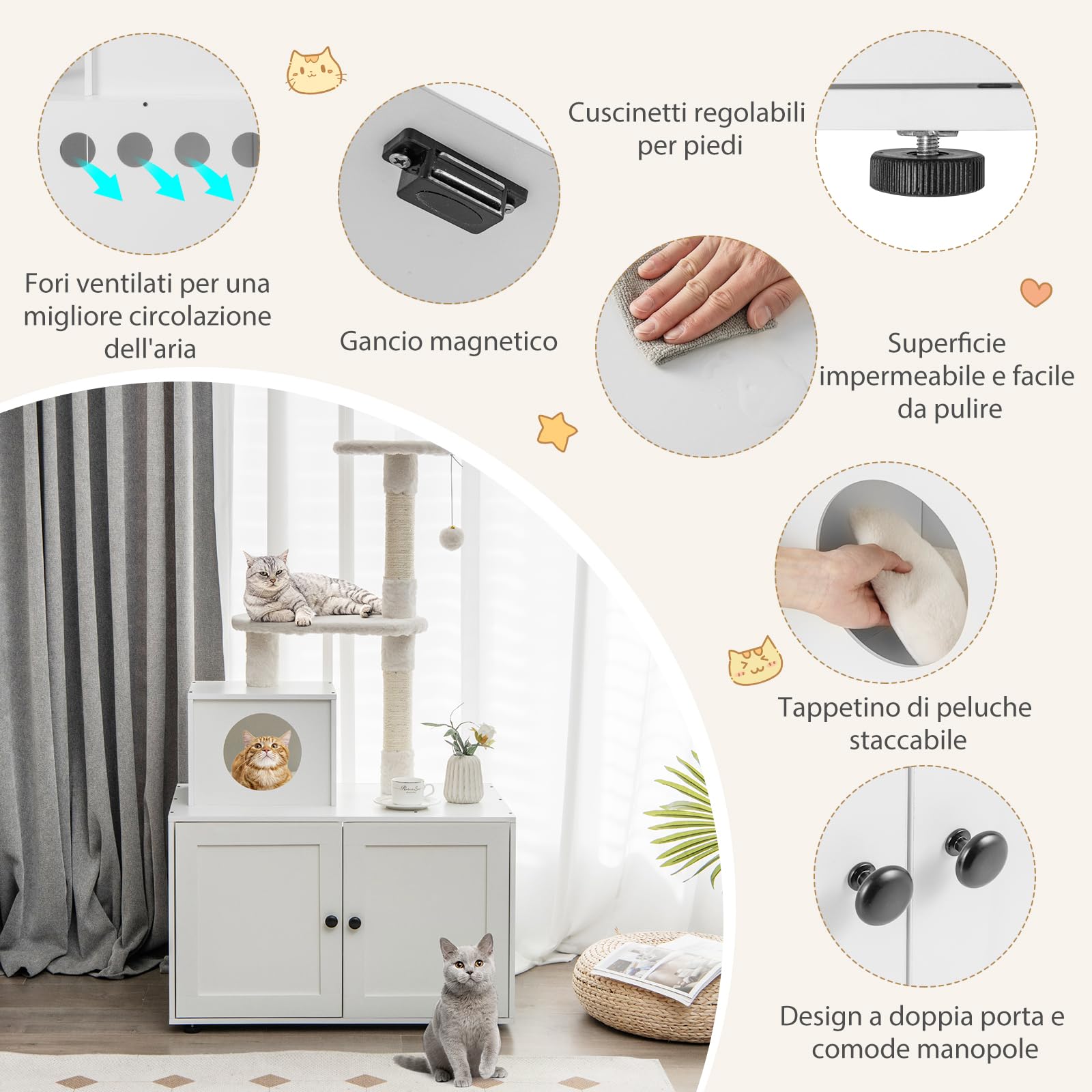 COSTWAY Tiragraffi per Gatti Adulti con Rifugio ad Ante Nascosto, Torre per Gatti con Cuccia, Piattaforma, Cuscini e Tiragraffi, Albero per Animali Grandi Alto in Legno, 77,5 x 49 x 132 cm (Bianco)