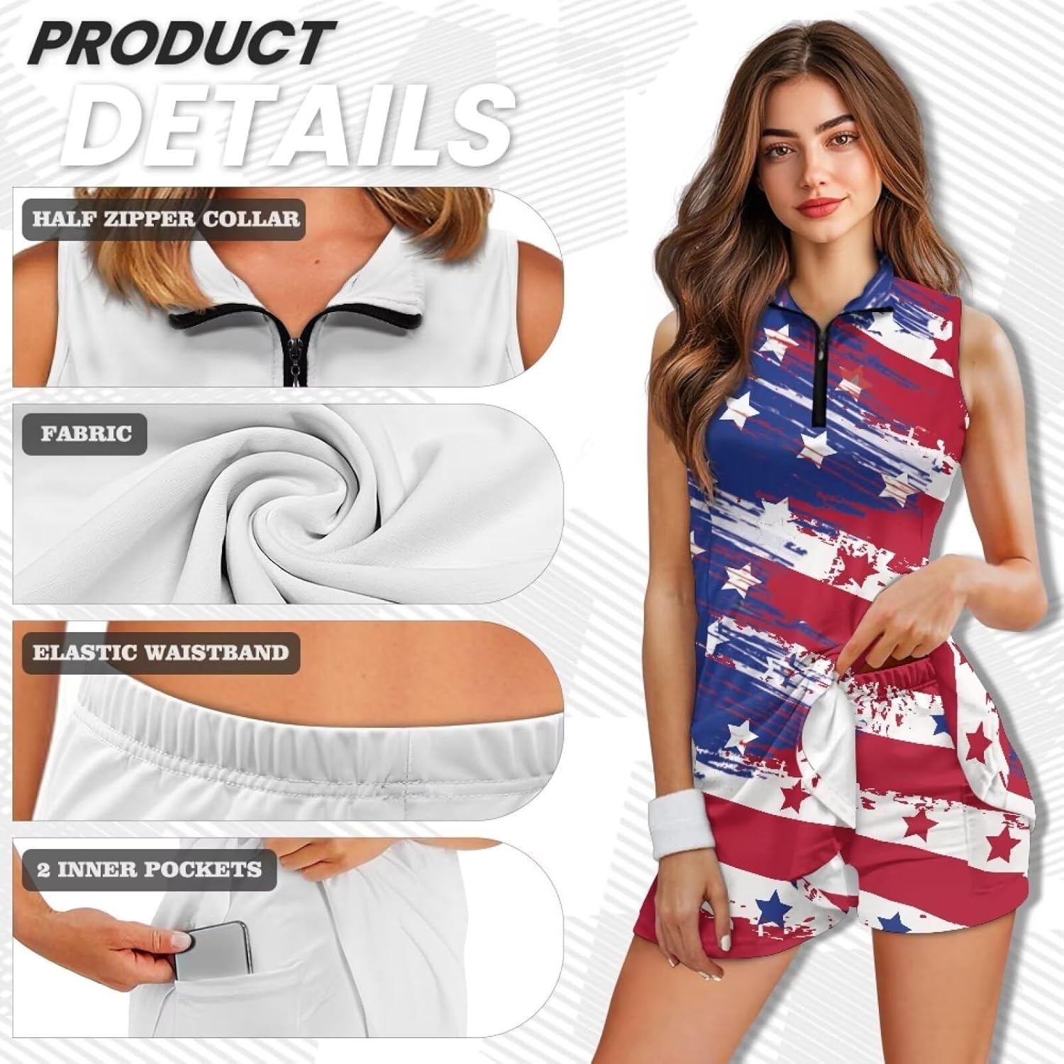 Collared Tennis Dress with Shorts and Pockets Sleeveless Half Zip Athletic Workout Dress for Women Plus Size XS-2XL