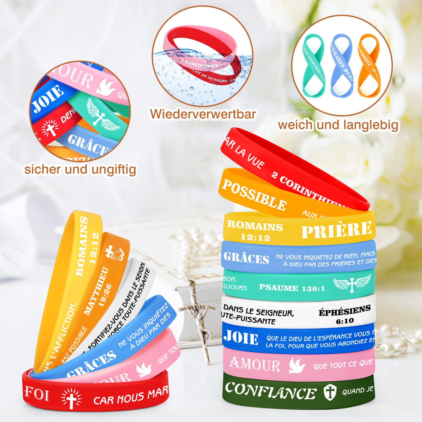 Bracelet de motivation en silicone bible version française de 8 pouces, bracelet cadeau religieux, 9 citations bibliques, 9 couleurs, cadeau idéal, cadeau d'équipe