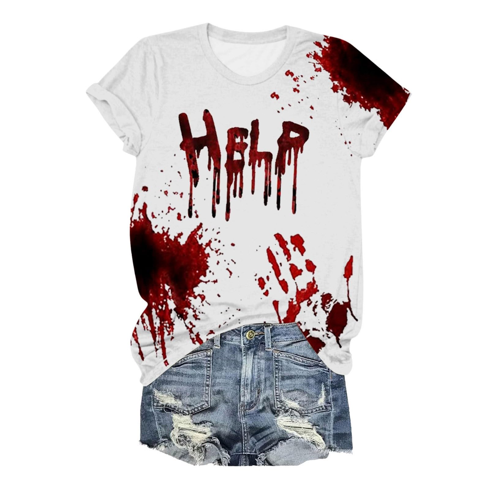 Hellorsoon Women's A-White Bloody Shirt For Halloween,Horror T-Shirt Y2k Shirts Zombie Print Tops Humor Print Tees Purge Costume Halloween Masquerade