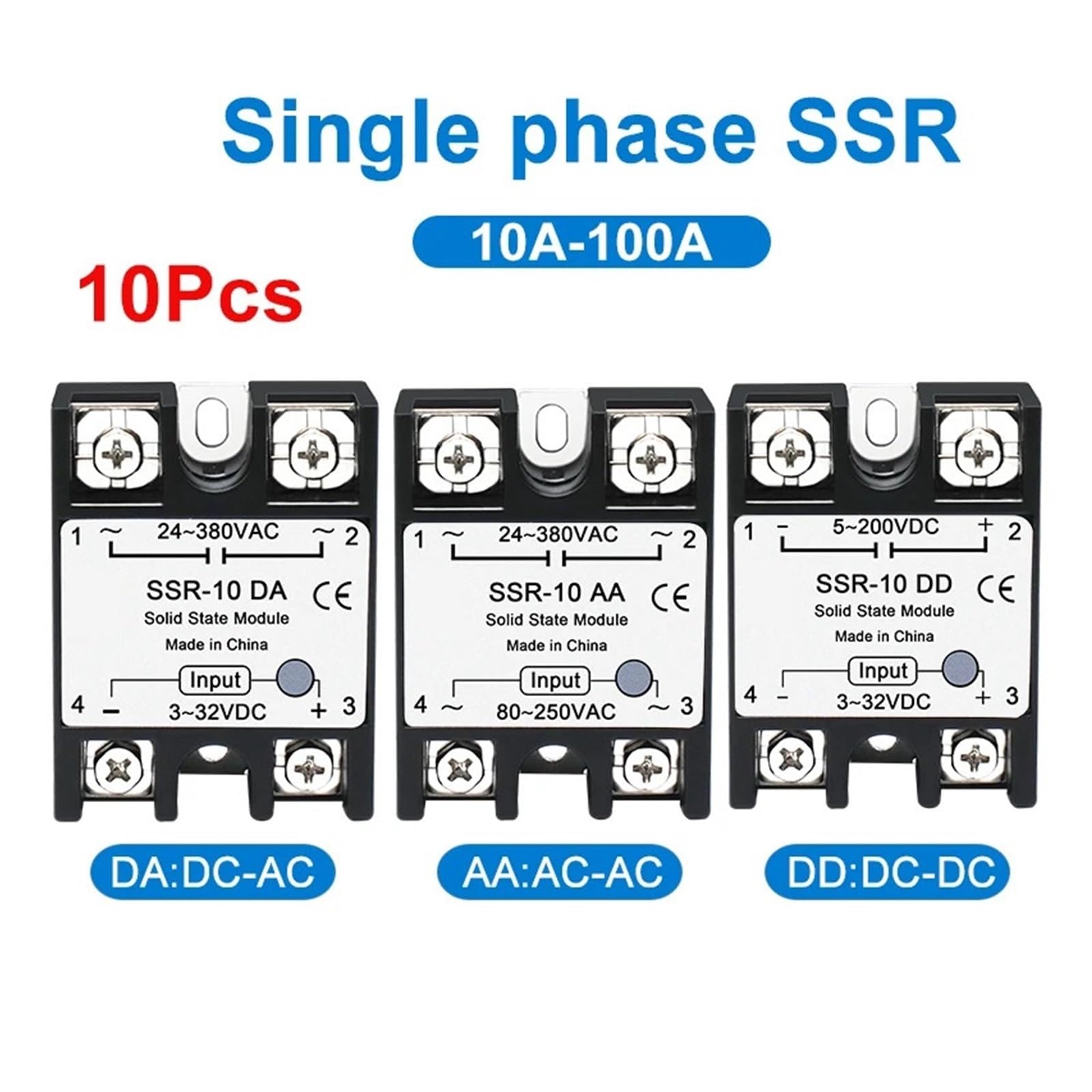 10 relés de estado sólido SSR 10 A 25 A 40 A 50 A 60 A 80 A 100 A relé de control monofásico CC a CA (CA CA, 10 unidades SSR 25 A)
