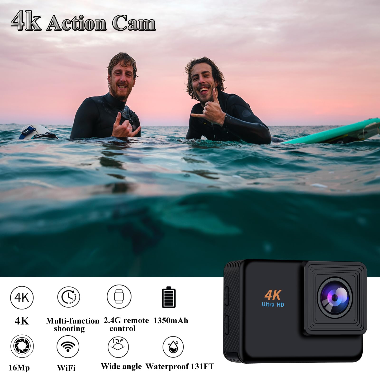 Action Cam 4k 16Mp WiFi Helmkamera 2,4G Fernbedienung Unterwasser 40m wasserdichte Kamera Externes Mikrofon 2x1350mAh Akku und Montagezubehör (APP wurde auf X-Sport Pro aktualisiert)