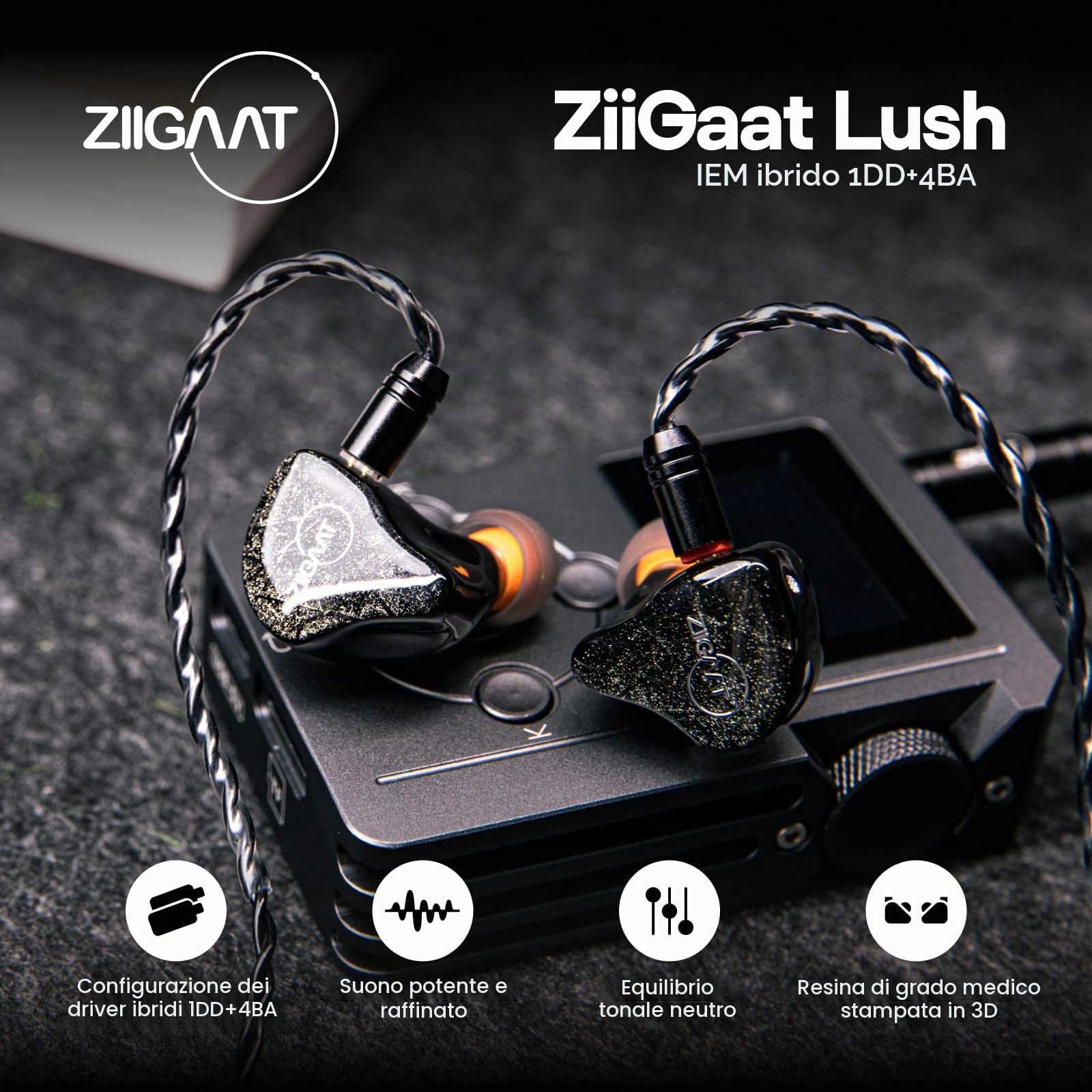 Linsoul ZiiGaat Lush in Ear Monitor, Cuffie IEM Ibride 1DDD+4BA, Cuffie da Studio con Cavo Staccabile per Professionisti della Musica Audiofili (Nero)