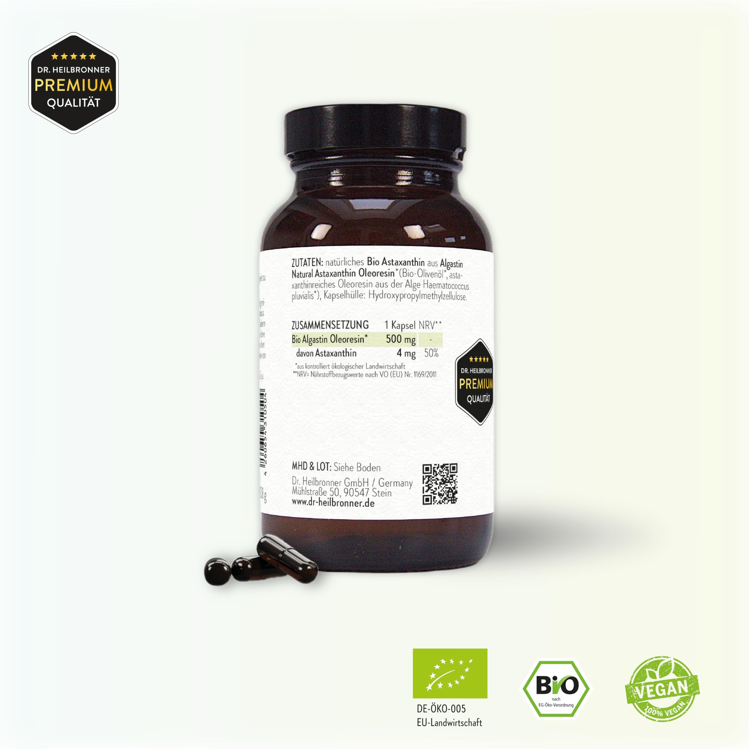 Dr. Heilbronner Bio Astaxanthin 4 mg Kapseln hochdosiert in der Glasflasche 180 Stk. I Antioxidantien aus der Vitalalge Haematococcus Pluvialis I Supplements Carotinoide vegan glutenfrei & lactosefrei