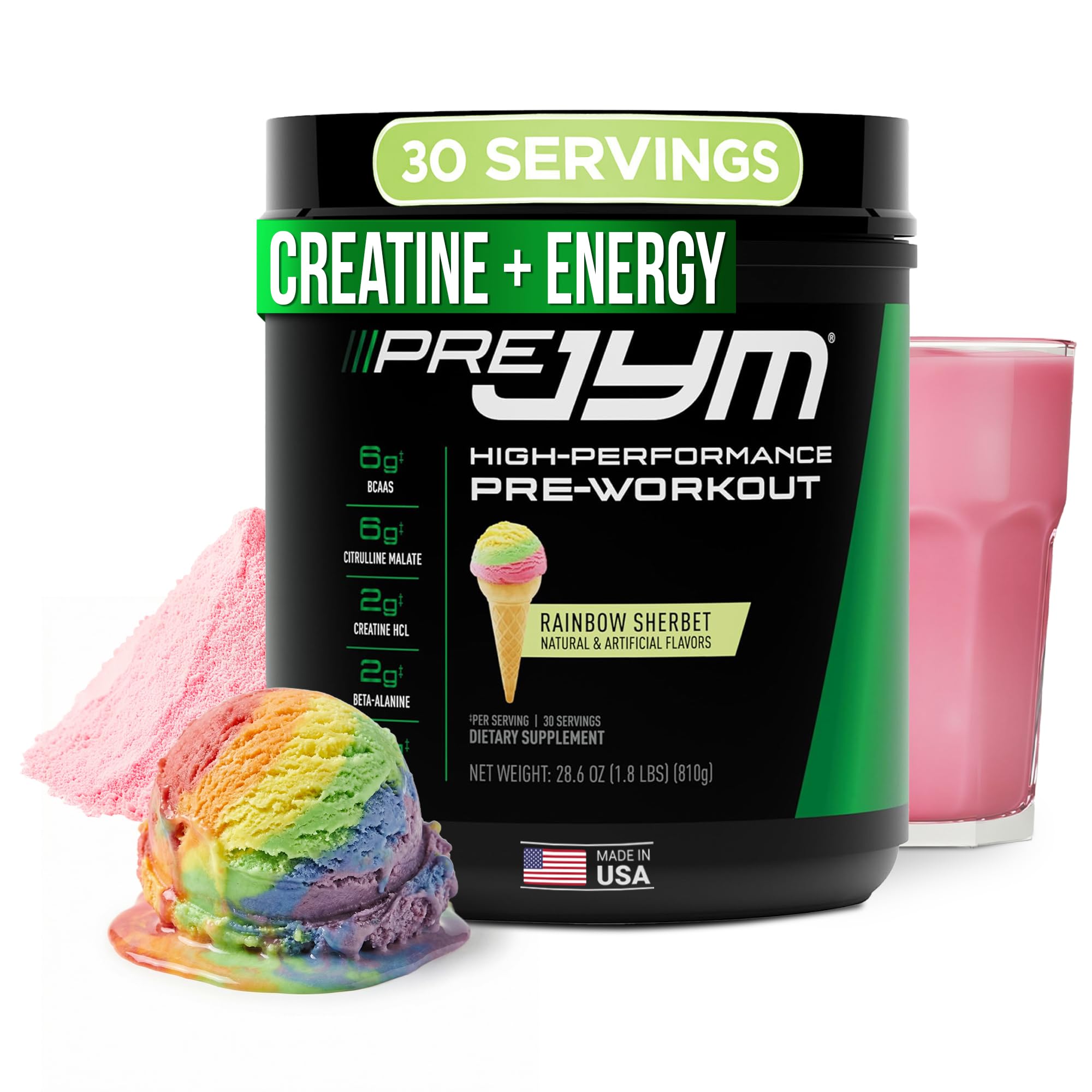 JYM Supplement Science Pre JYM Rainbow Sherbet Pre Workout Powder for Men & Women, BCAAs, Nootropics, Creatine HCI, Citrulline, Beta-Alanine, Betaine, Taurine, Huperzine, 30 Servings