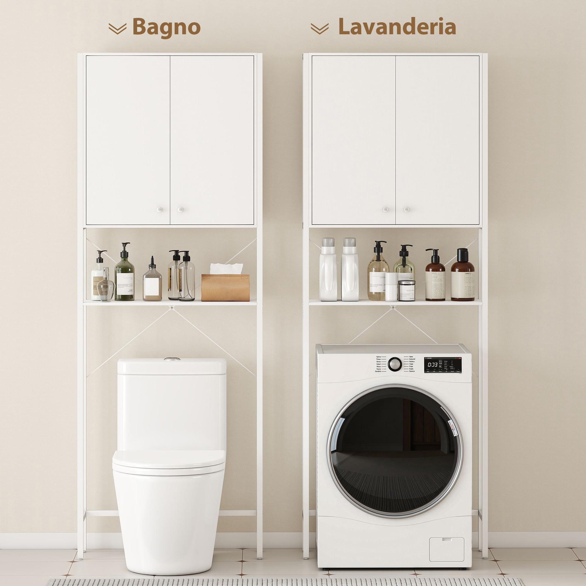 HOMCOM Mobile Bagno Sopra WC con Armadietto e Ripiano Aperto, Mobile Sopra Lavatrice Salvaspazio con Gambe in Metallo, per Bagno e Lavanderia, 64x20x180 cm, Bianco