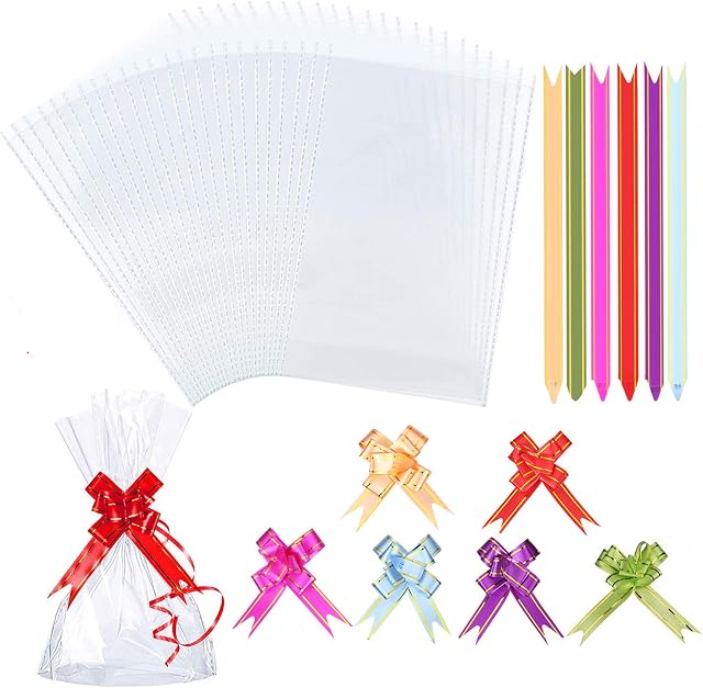 AUERVO 120PCS Clear Cellophane Treat Bags, Clear Resealable Flat Cello Bags OPP Plastic Bag Cellophane Storage Bags Sweet/Party/Gift/Home Bags with 120PCS Mix Colors Pull Bows