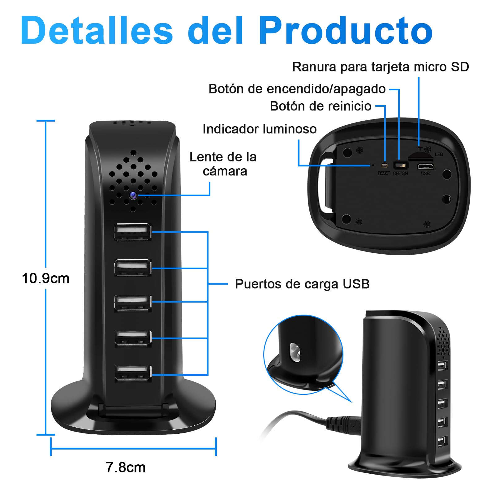 5G WiFi Cámara Espía Oculta, 1080P Micro Cámara Espía | Mini Cámara Oculta Wifi, 5 Puertos USB Cargador Cámara Espía Oculta, Detección de Movimiento, Grabación en Bucle, APP Remoto