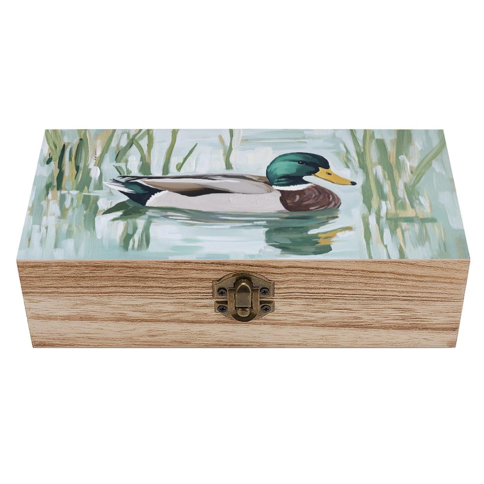 Ahdyr Color Mallard Duck In A Pond Wooden Storage Box With Hinged Lid And Front Clasp Large Keepsake Box
