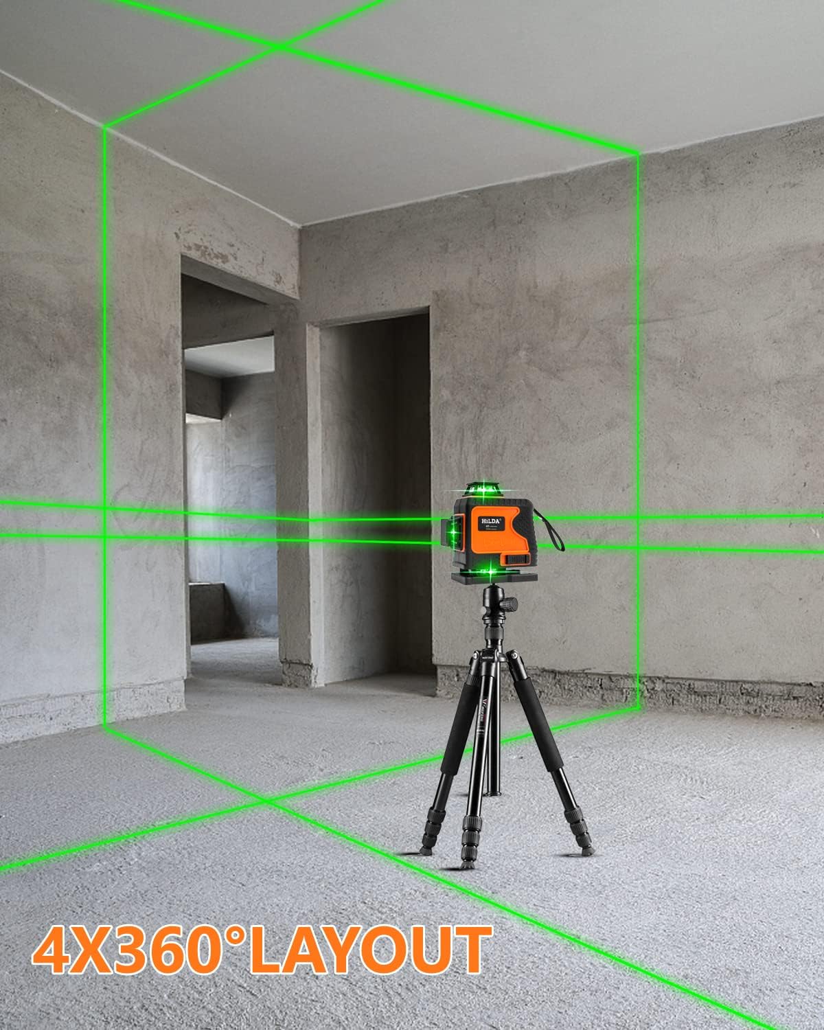 HILDA 4x360°Laser Level Self Leveling with Alarm,16 Lines Green Line Laser,2x360° Vertical and 2x360° Horizontal laser tool, Rechargeable Li-ion battery,Level tool for Indoor and Outdoor Construction - - 