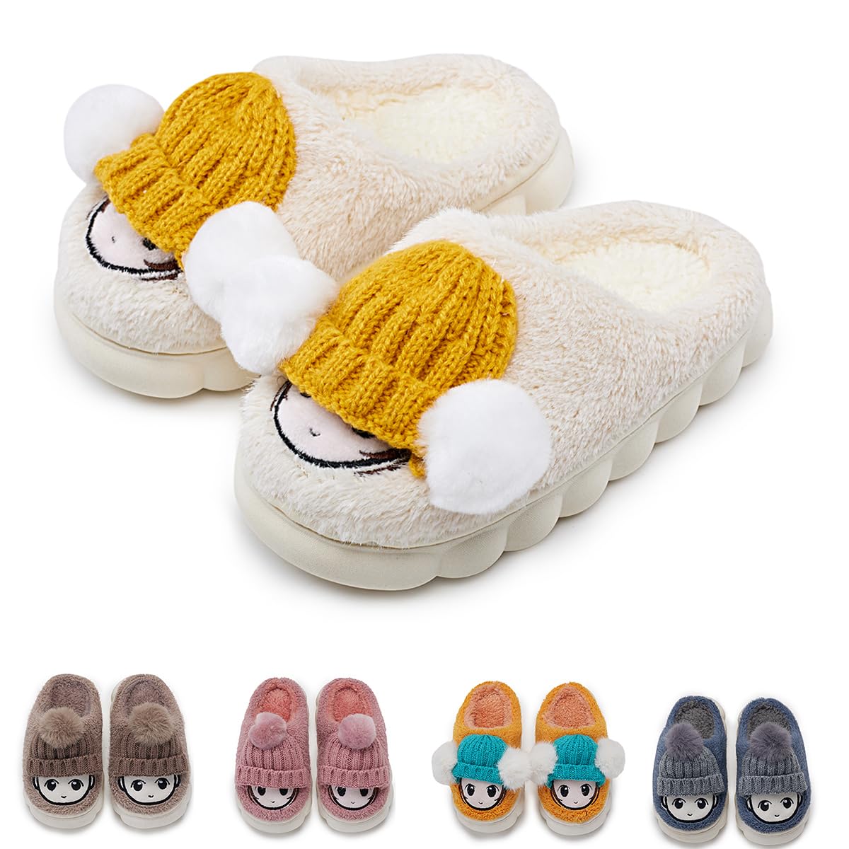 FUUPNNGirls Boys House Slippers Warm Smile Face Slippers with Memory Foam Kids Cute Plush Warm Winter Fluffy Home Slippers