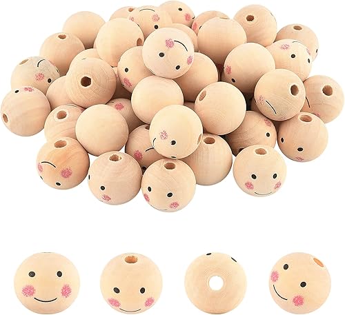 PH PandaHall 50 cuentas de madera de 0.984 in1 pulgada, cuentas de madera natural, cuentas sueltas con cara para árbol de Navidad, corona,