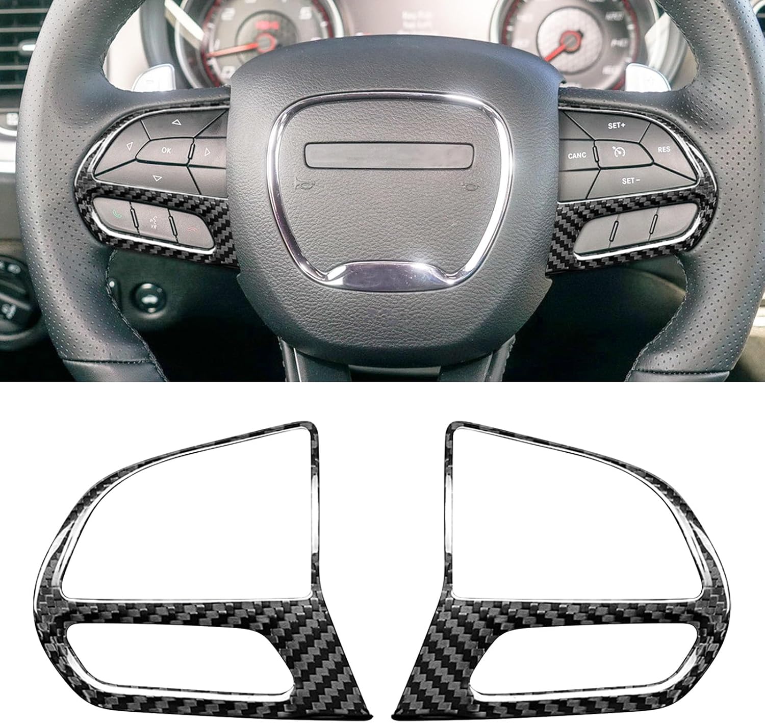 Compatible with Dodge Charger Challenger SRT 2015-2023 Chrysler 300C 2016-2023 Real Carbon Fiber Steering Wheel Button Cover Interior Decoration Trim Accessories