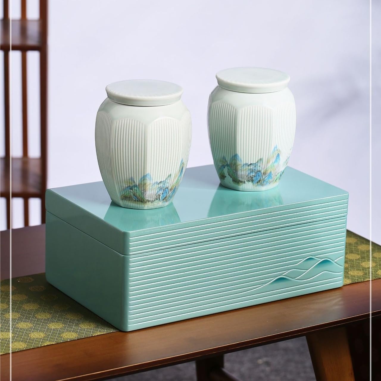 LYGSWDB Słoik na cukier Domowy ceramiczny szczelnie zamknię słoik Pojemnik do przechowywania herbaty luzem Słoik Retro chiński zestaw herbaty Podwójny słoik Pudełko na prezent Zestaw drewnianego