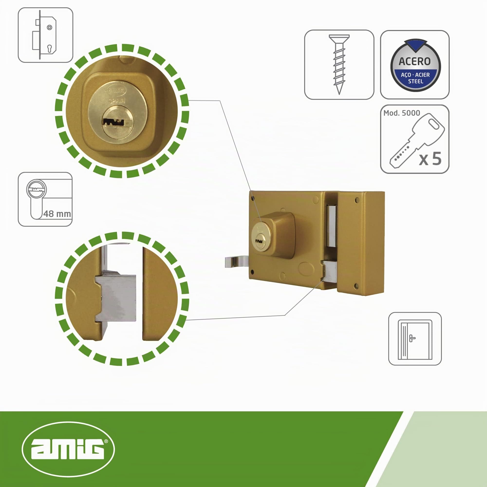 Amig - Cerradura de Sobreponer de Derecha con Palanca de Cierre, Lengüeta y Tirador para Puertas de Madera Mod. 73, 100 x 85 mm, Pestillo Con Cilindro Europerfil, Acero Dorado