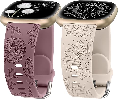 Minyee Paquete de 2 correas grabadas florales compatibles con Fitbit Versa 4Versa 3Sense 2Sense Band para mujer, lindo diseño de girasol de diente
