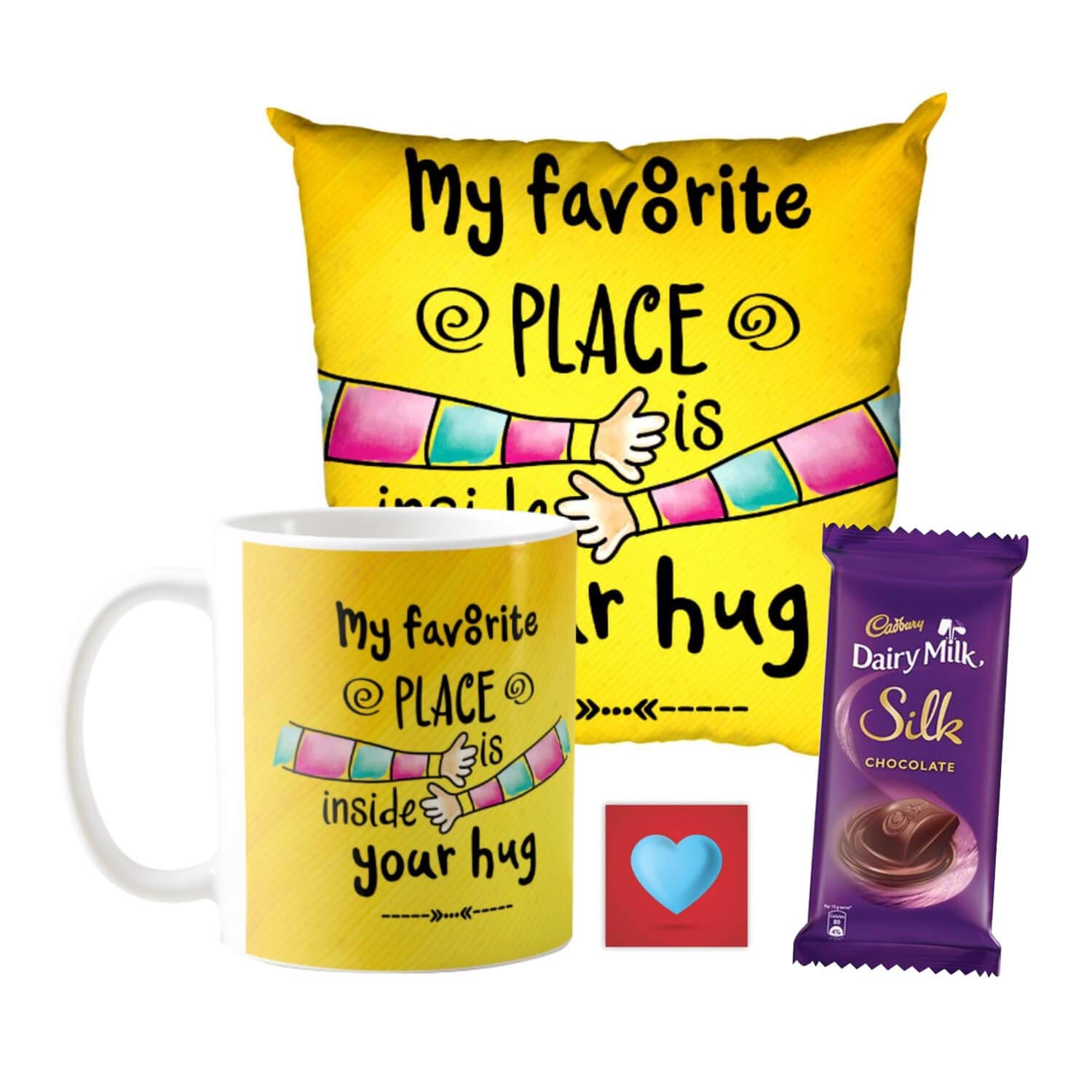 YaYa cafe Valentine Gifts Combo for Husband Wife Girlfriend Boyfriend Mug, Cushion Cover, 1 Dairy Milk Silk Chocolates (60 gm) My Favourite Place is Inside Your Hug, with Coaster-image-34