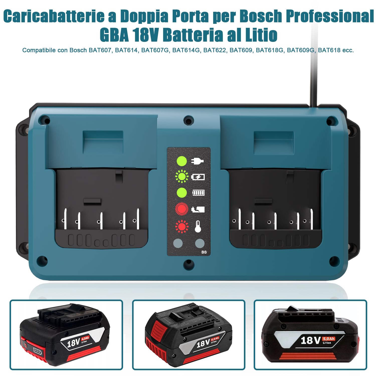 KUNLUN Caricabatterie per Bosch Professional 18V Batteria, Caricabatterie Sostitutivo a 2 Porte con Display LED per Bosch Batterie 18V GBA BAT609, BAT610G, BAT618G, BAT619 e BAT621
