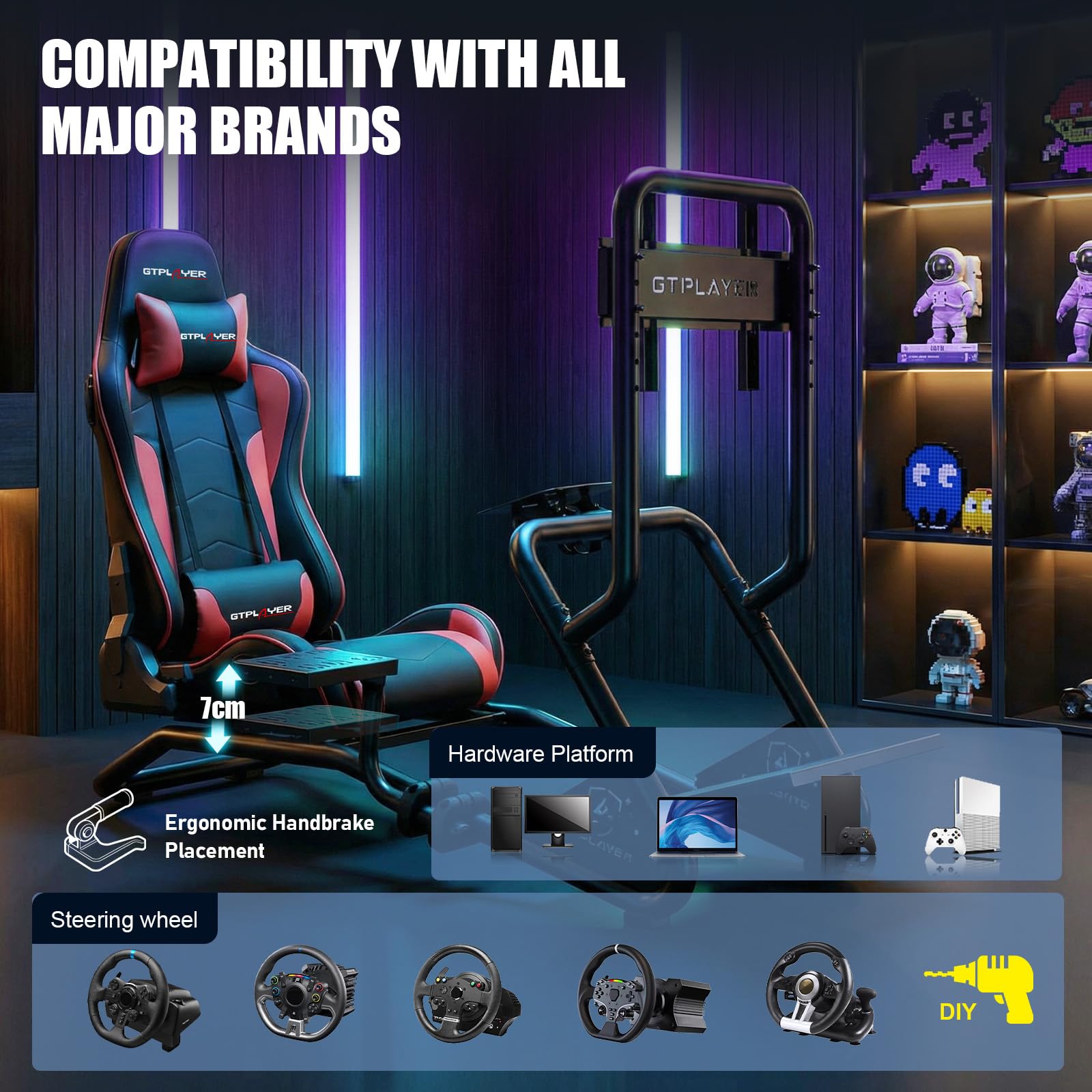 GTPLAYER Simulator Cockpit, Supporto per volante da simulatore di corse con altoparlanti stereo 3D, con supporto regolabile per volante, monitor, cambio e pedali (Rosso)