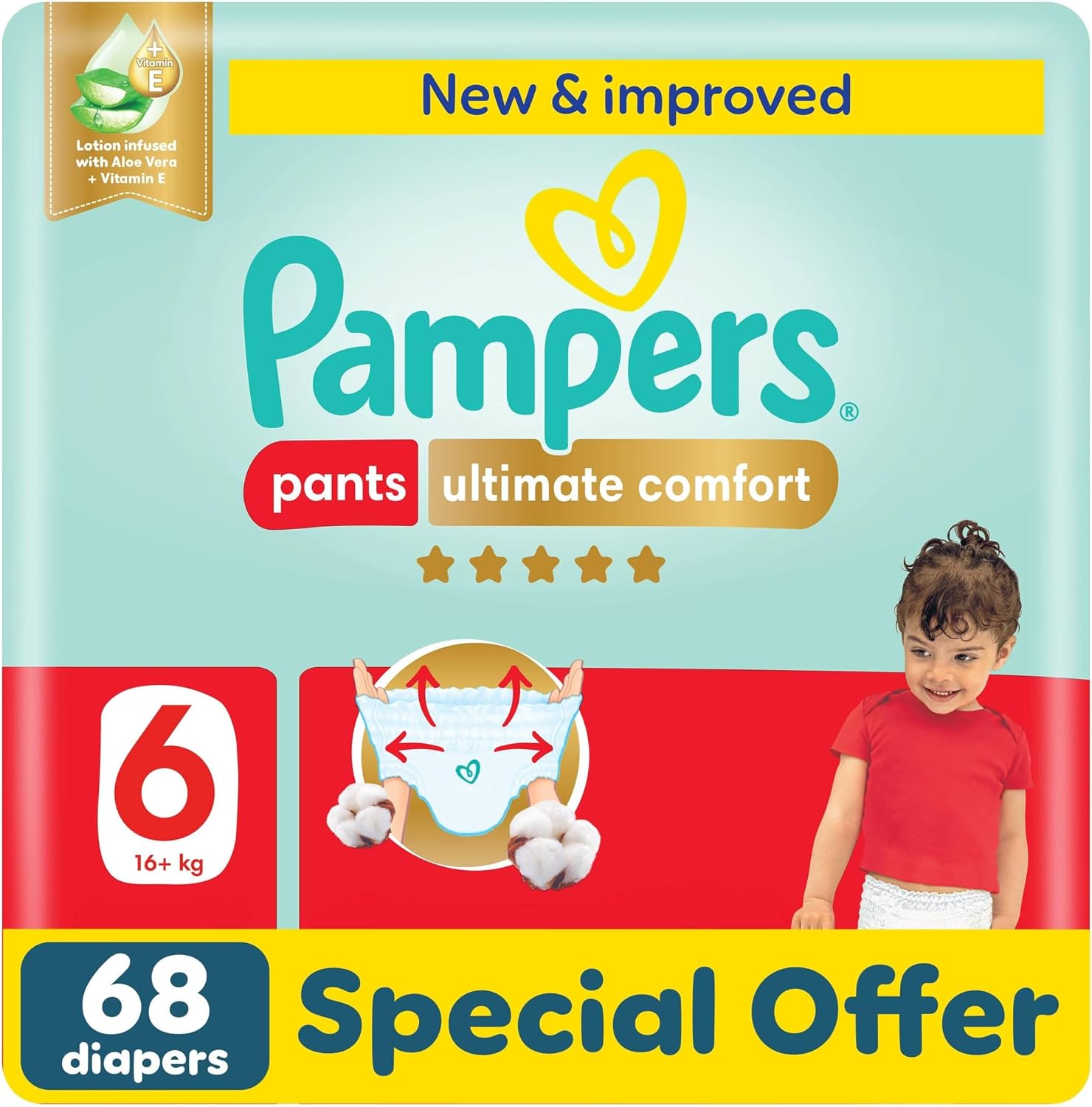 Pampers Ultimate Comfort Culotte Pants Diapers Size 6, 16-21kg SSP 68 Count | Our Best Comfort, So Soft Feels like Wearing Nothing, Easy On & Off, Up to 100% Leak Protection, Vitamin E & Aloe Vera Lotion