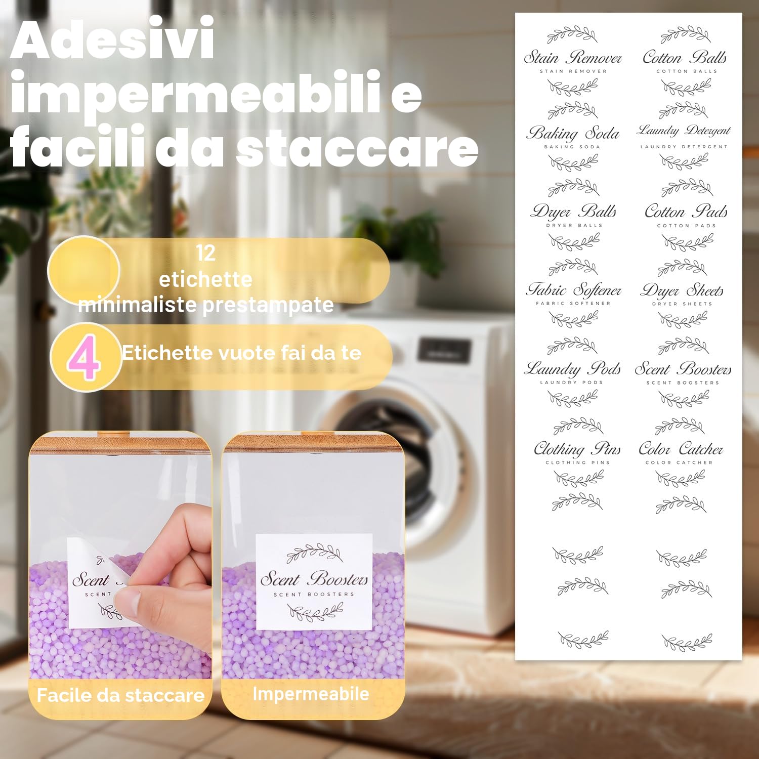 4 Grandi Contenitori per Capsule per Il Bucato, Contenitore per Detersivo con Coperchio, Contenitore Multiuso per Detersivo con 16 Adesivi e 4 Cucchiai per Lavaggio in Polvere, Fogli di Detersivo