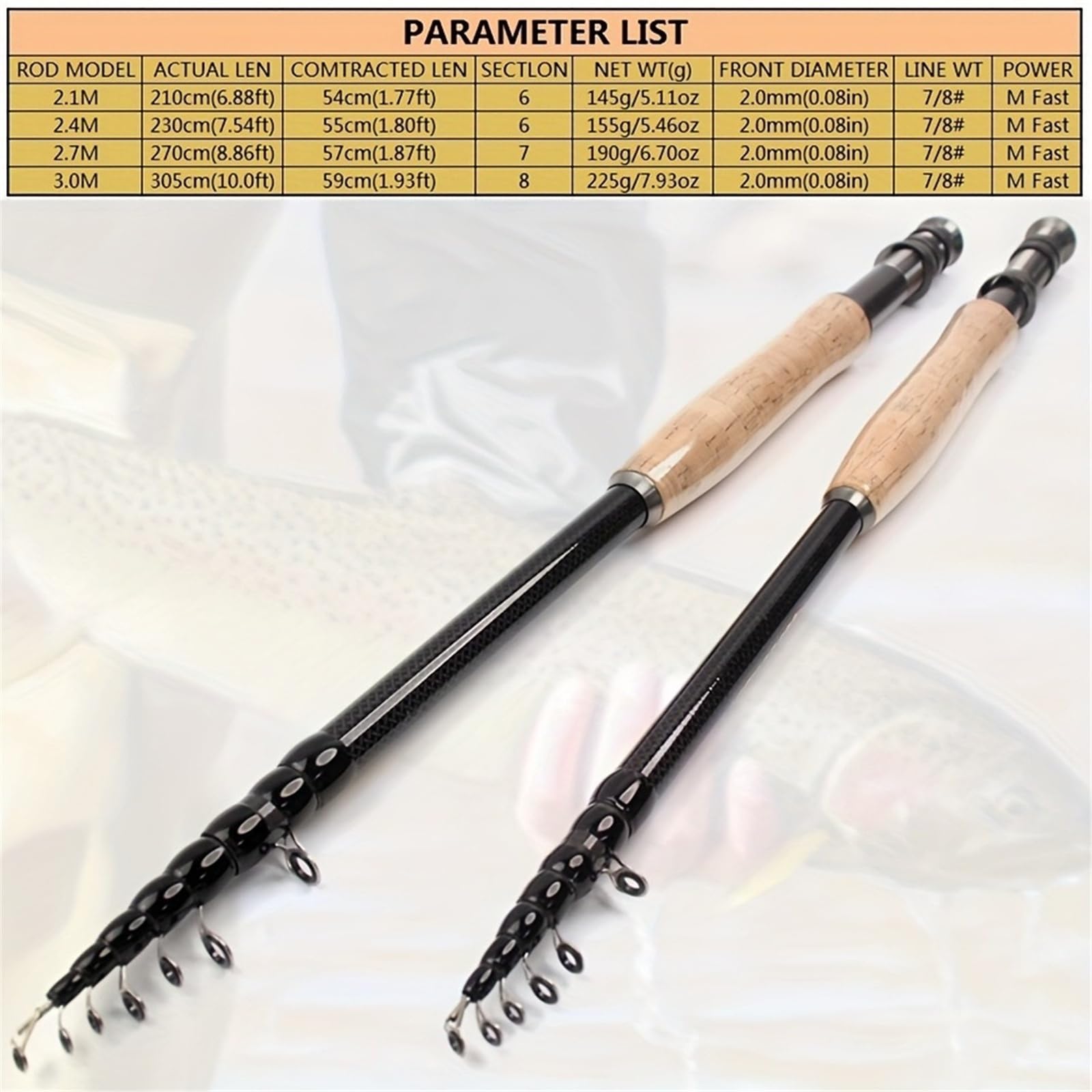 Modello 027 2.1M 2.4M 2.7M 3.0M canna da pesca a mosca telescopica portatile in carbonio ultraleggero canna da pesca a mosca ad azione rapida manico in sughero attrezzatura da pesca(2,7 milioni)