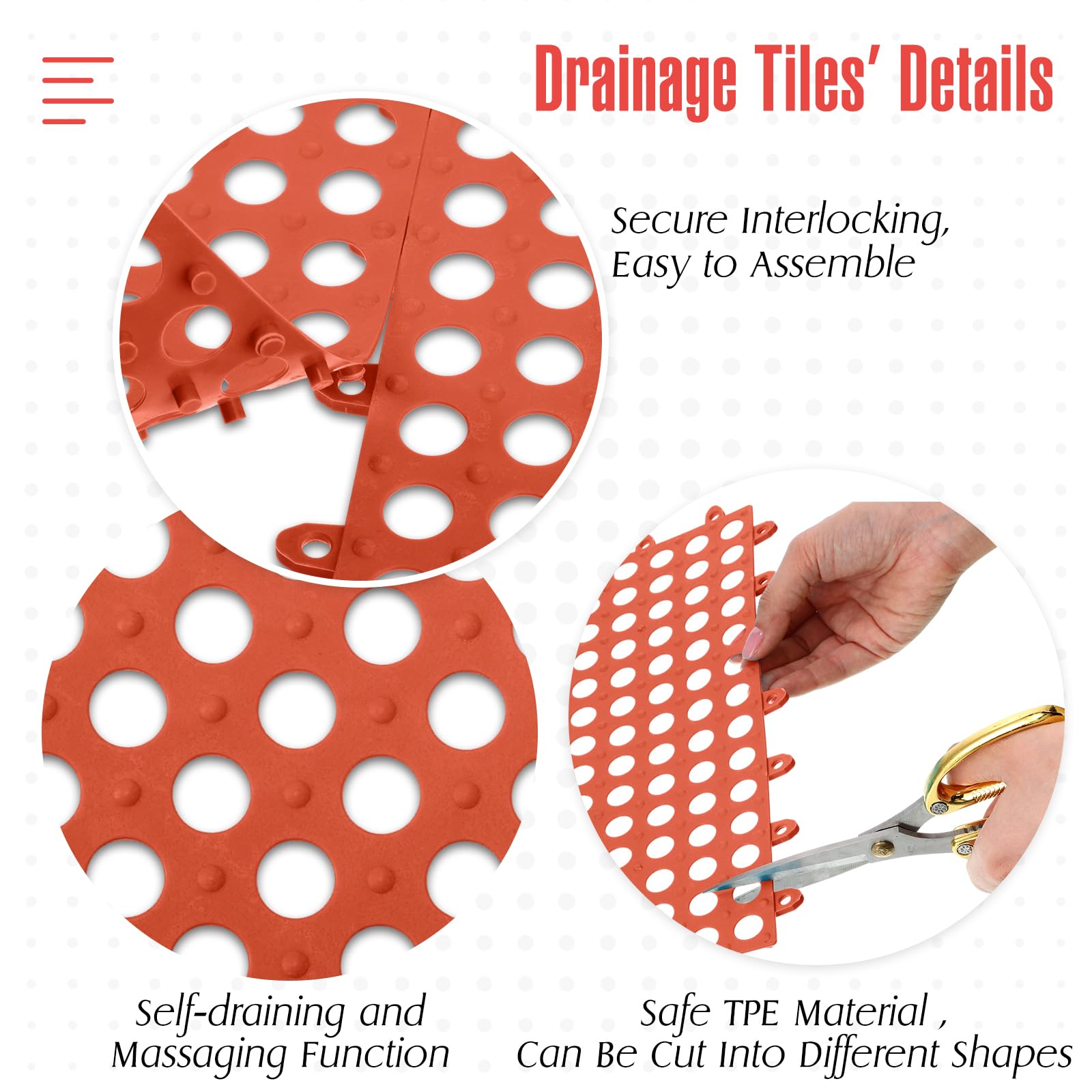 Tinideya 50 Pcs Drainage Mats 11.8'' x 11.8'' Modular Interlocking Floor Drainage Tiles Splicing Pool Floor Mat, Non Slip TPE Soft for Outdoor Deck Greenhouse Shower Bathroom Pool(Orange Red) — Amazon image 3
