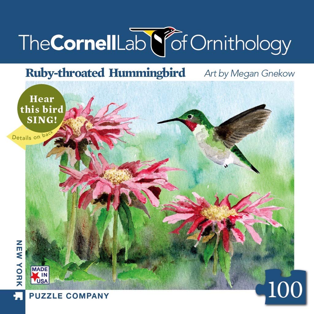 New York Puzzle Company - Cornell Lab Ruby-Throated Hummingbird Mini - 100 Piece Jigsaw Puzzle for Family Game Nights by Megan Gnekow