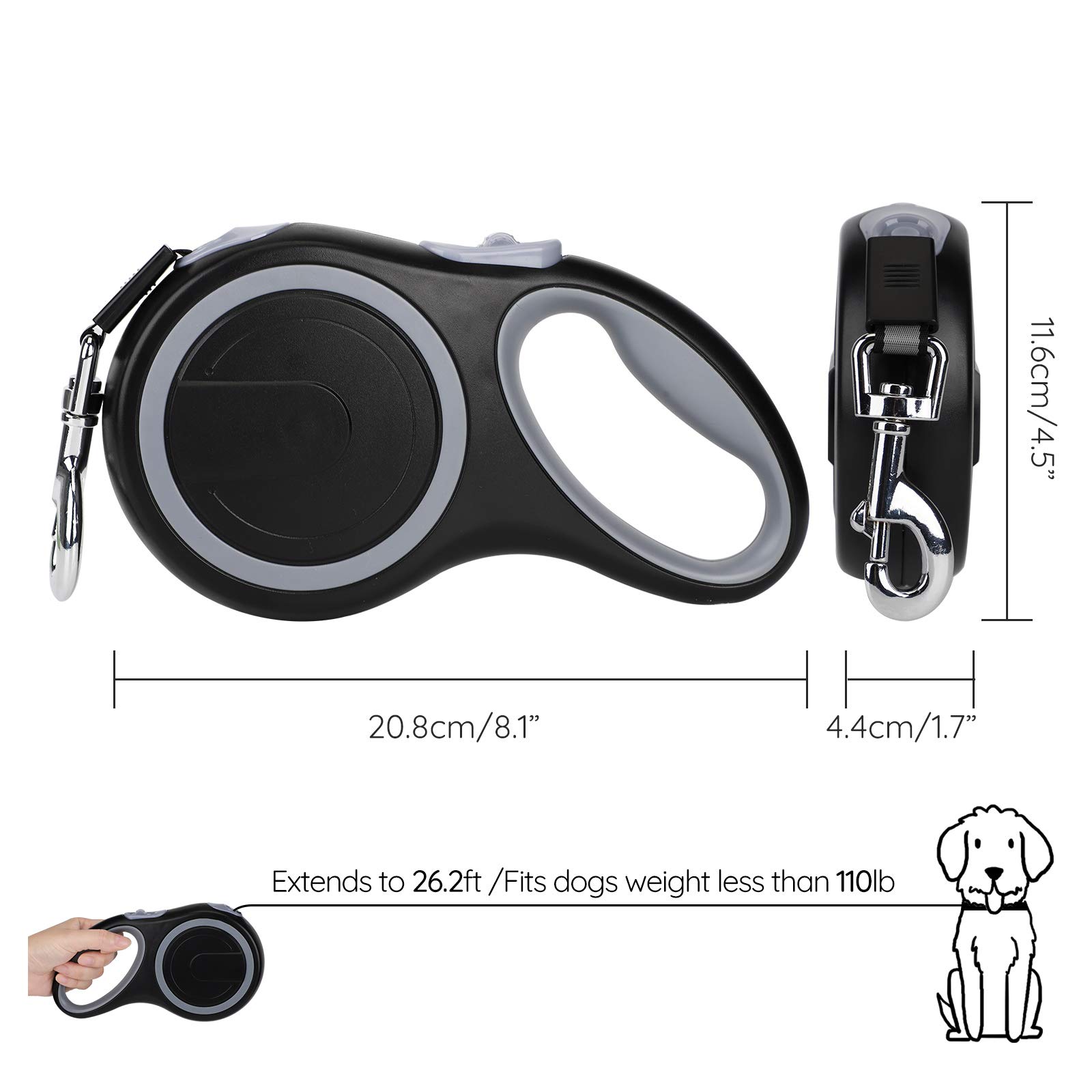 Segarty Hundeleine, einziehbar, 7.9 m, für kleine, mittelgroße und große Hunde bis zu 50 kg, robust, mit einem Knopf, zum Brechen und Verknoten, Haustiere zum Spazierengehen und Trainieren, Schwarz