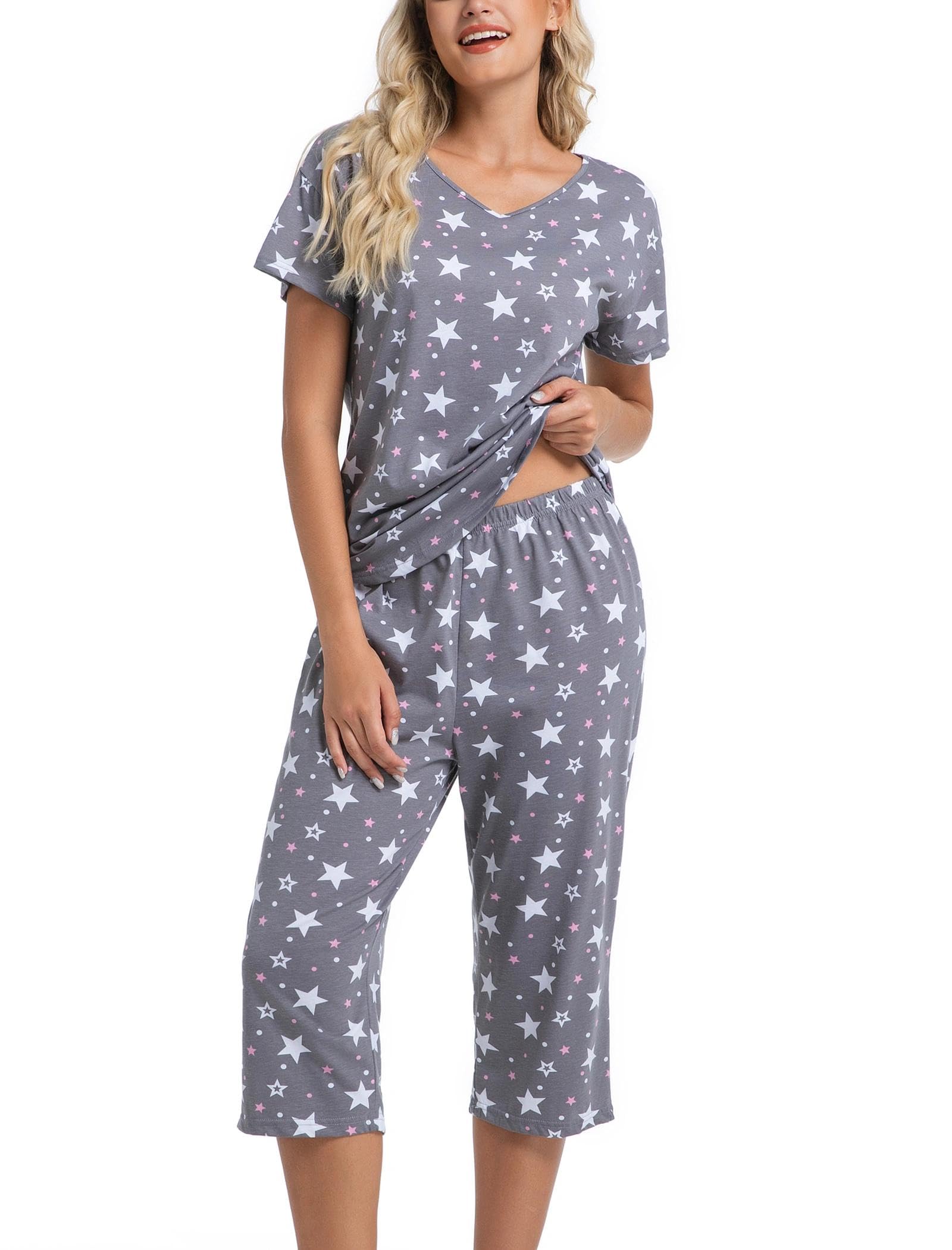 ENJOYNIGHT Womens Pajama Sets Cotton Pj Set Short Sleeve Top With Capri Pants Sleepwear 2 Piece Lounge Set