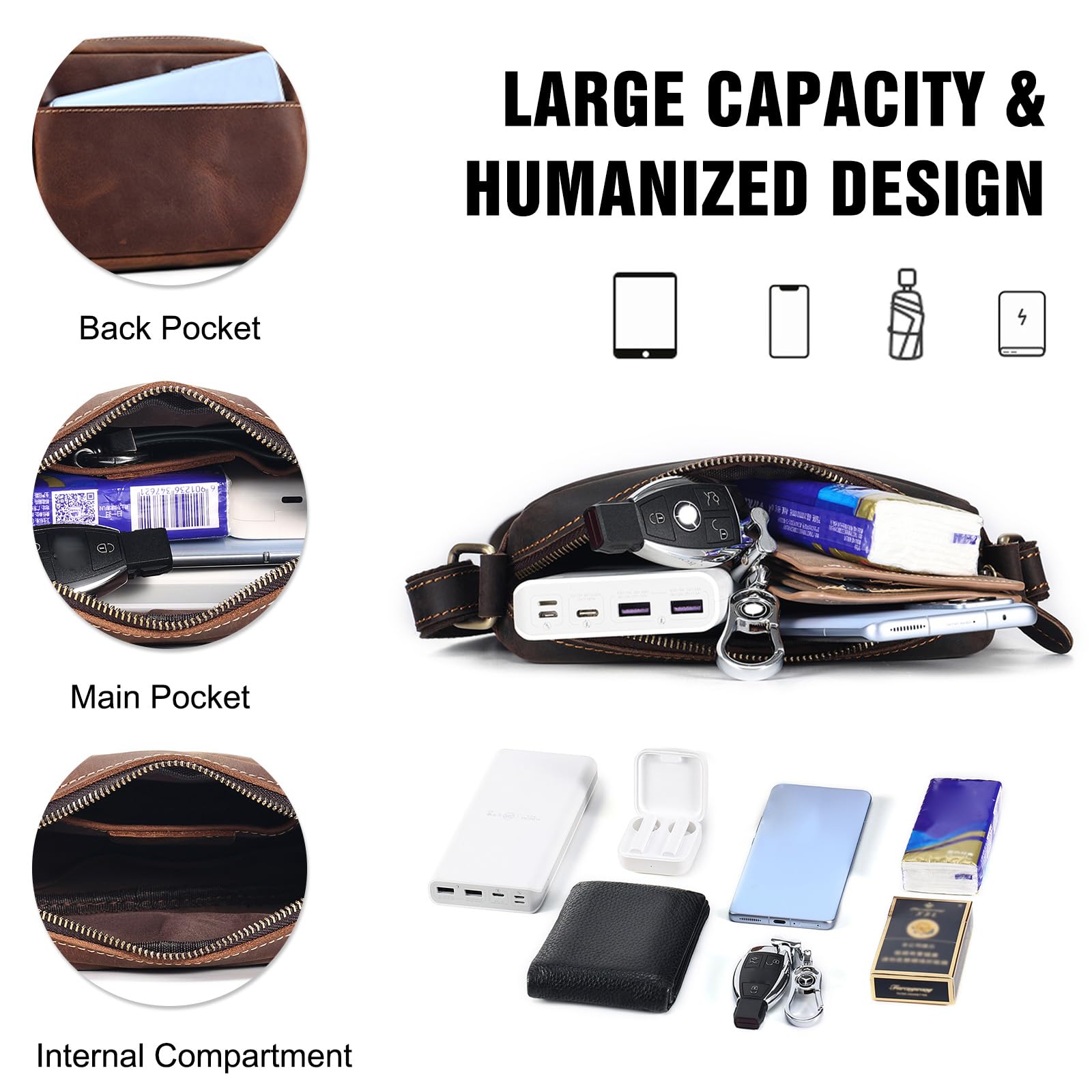 FANDARE Umhängetasche Leder Herren Herrentasche Damen Schultertasche Echtes Leder Handgelenktasche Arzttasche Schultertasche Crossbody Bag Arbeitstasche Messenger Bags Geschenk für Männer Schwarz