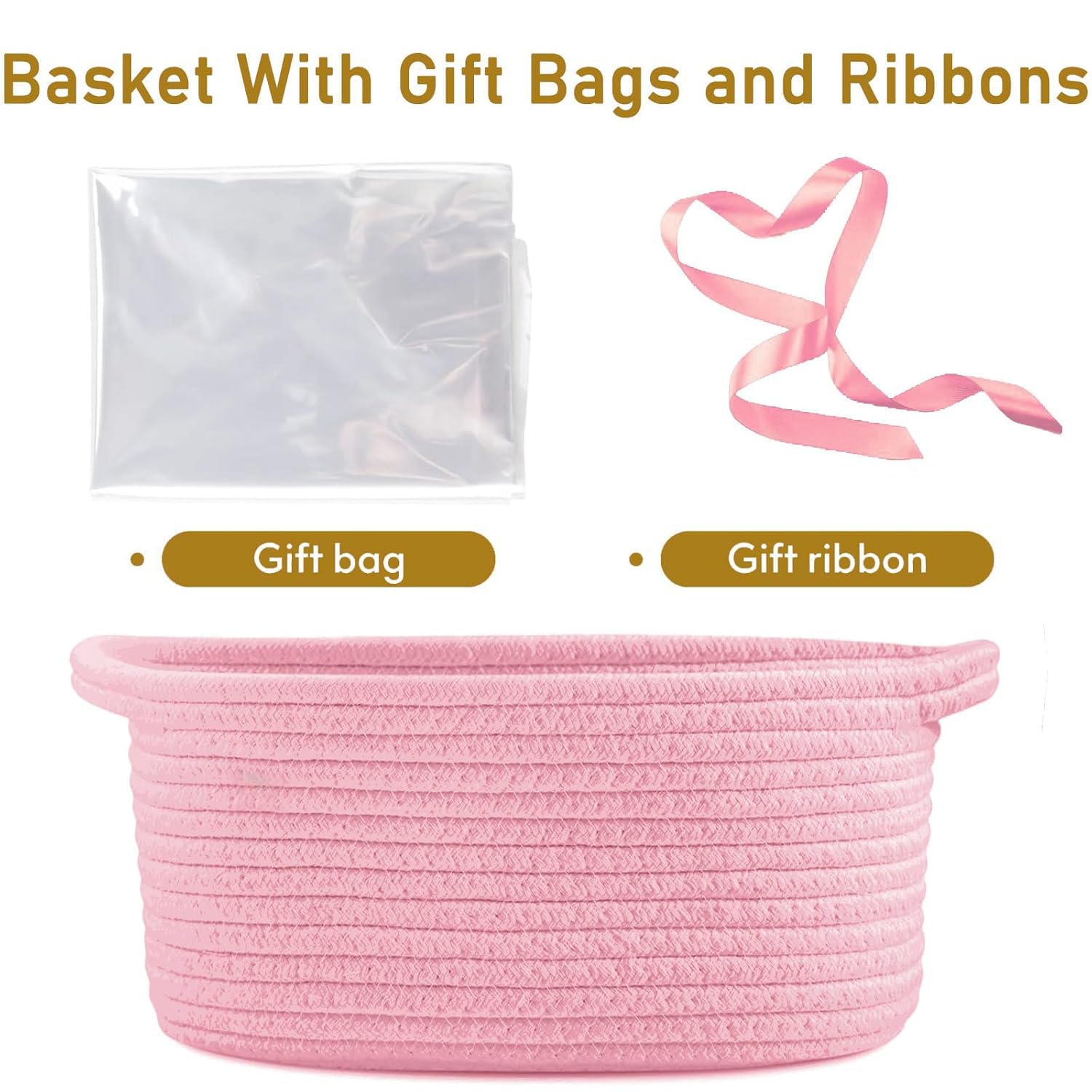 Poschnor Baby Gift Basket with Gift Bags and Ribbons, 12x 8x 5 Inch Basket for Baby and Pet Toys, Small Cotton Rope Basket - Pink