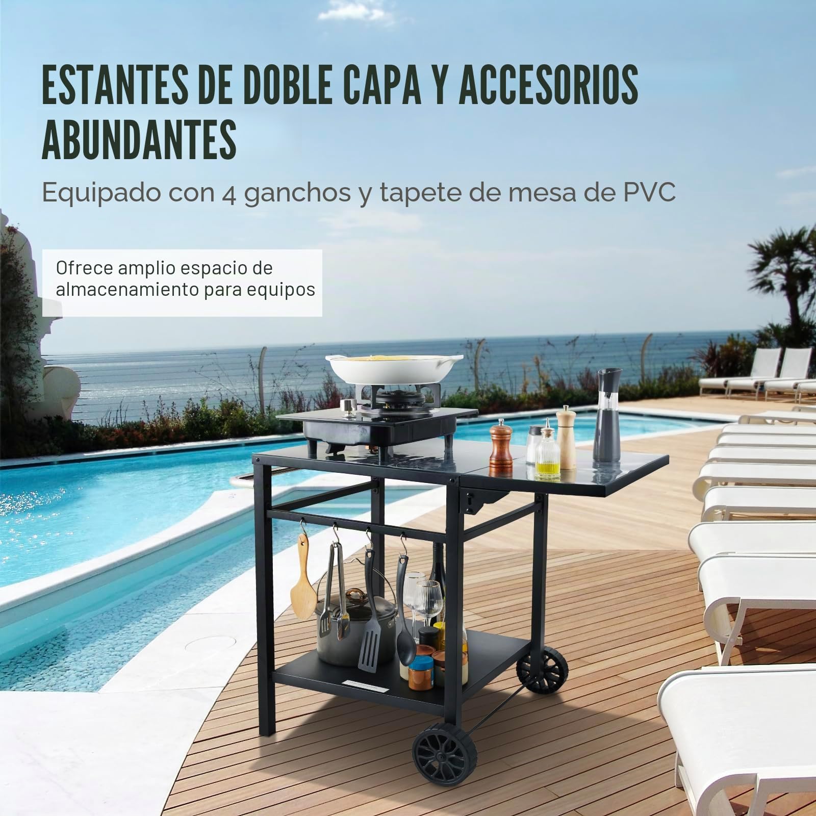 VEVOR Carrito de Comedor para Barbacoa al Aire Libre con Estante Doble, Mesa Móvil de Preparación de Alimentos para Barbacoa, Mesa de Hierro Plegable Multifuncional, Carros Modulares para Exteriores