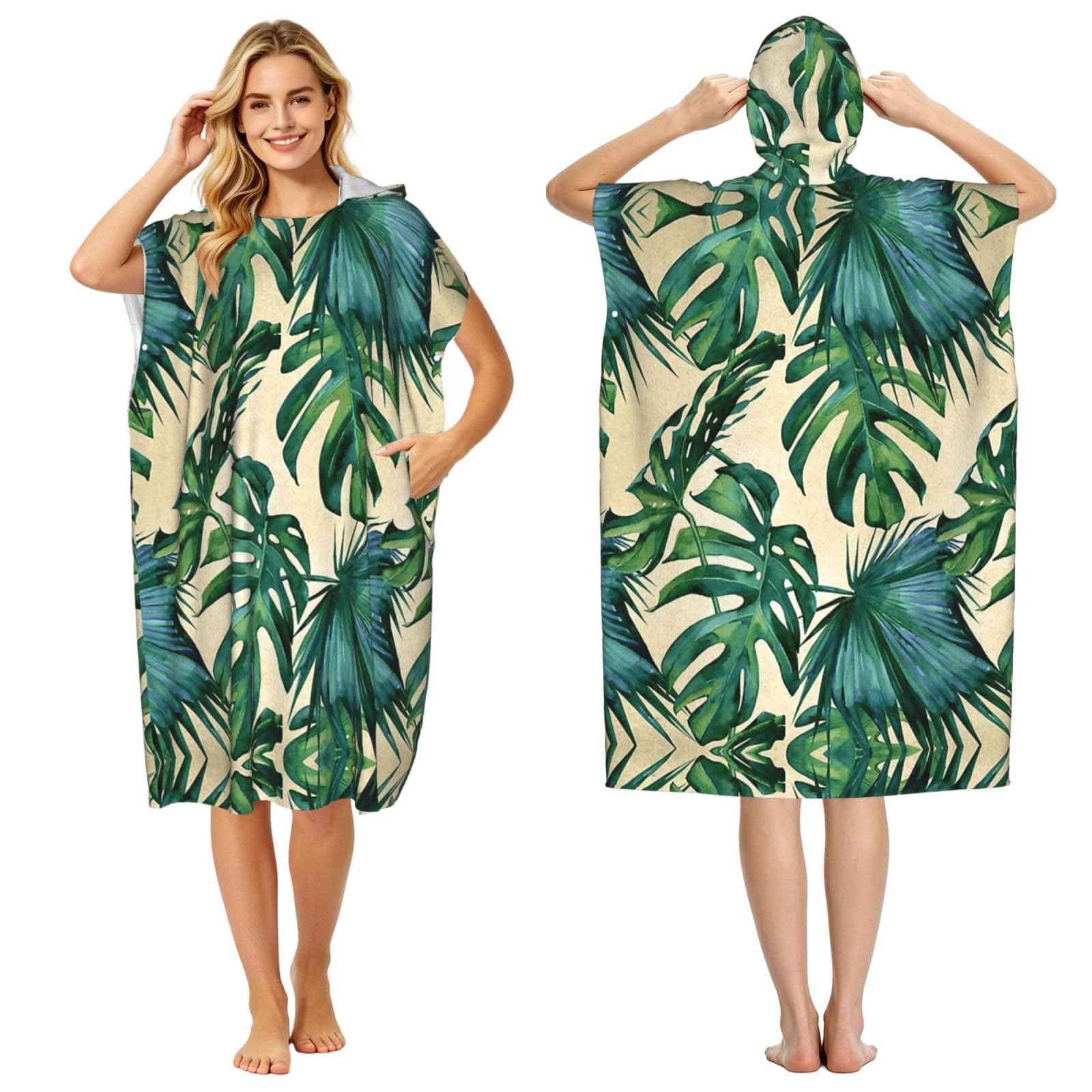 EZDLOWVBA Green Banana Leaves Print Hooded Poncho Microfiber Beach Towel,Adult Women & Men Changing Robe,Lightweight Summer Surf Swim Bath Poncho Towel