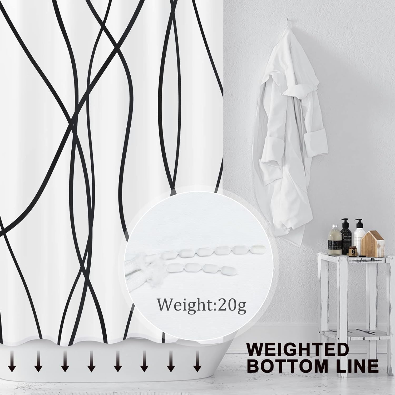 Punkray Black and White Striped Wavy Line Polyester Shower Curtain for Bathroom with Hooks, Weighted Hem, Waterproof Bath Accessories Hotel Style, 72 x 72